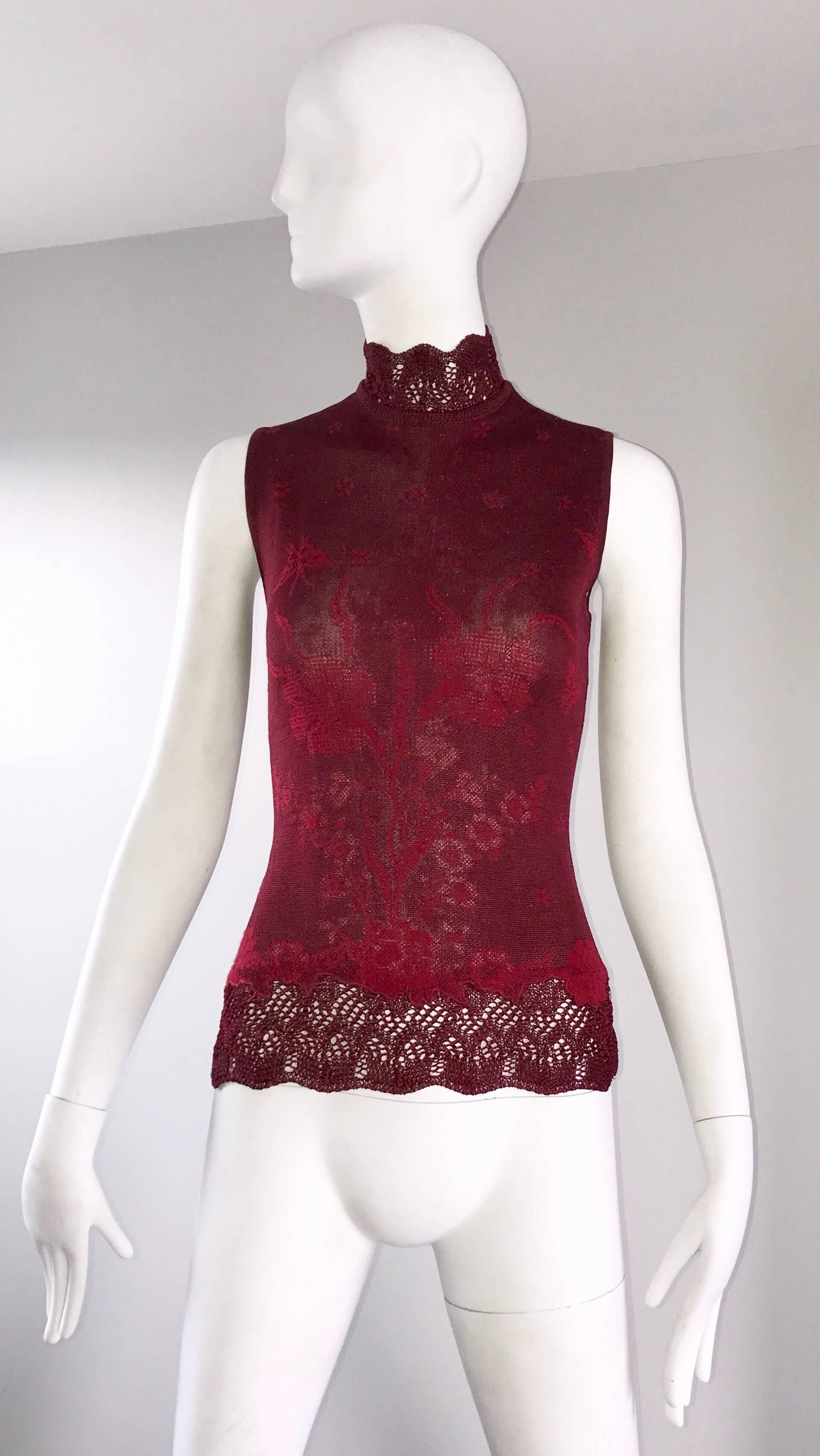 Vintage Kenzo 1990s Asian Inspired Butterfly Flower Crochet Knit Merlot Red Top 1