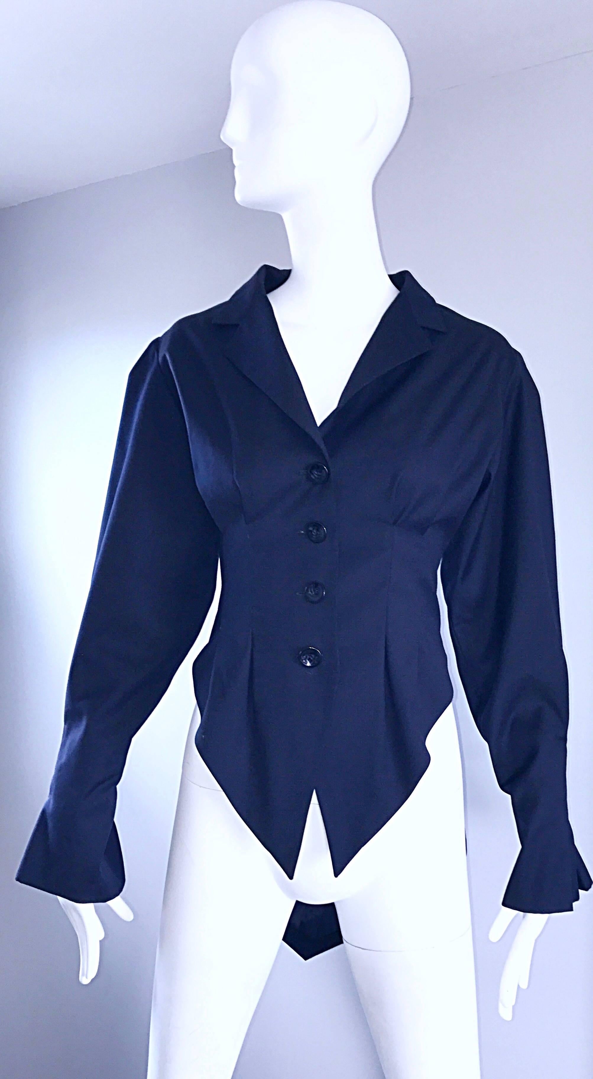 Fabulous RUBIN SINGER midnight / dark navy blue Avant Garde asymmetrical tuxedo tail jacket! From the Fall 2008 Collection, this gem has serious couture work, with heavy attention to detail. Four buttons up the front. Intricate darting at each bust.