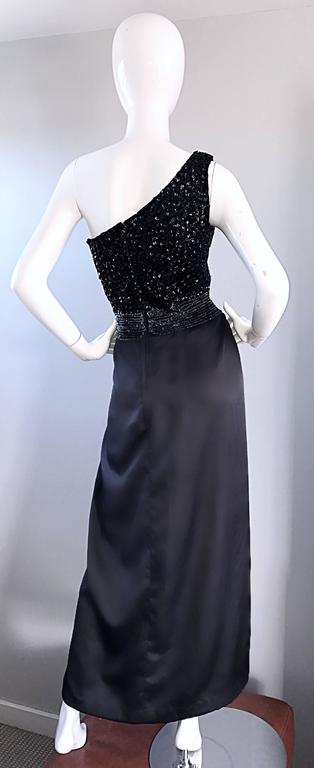 Amazing 1970s Vintage One Shoulder Black Sequin Silk 70s Evening Dress Gown  For Sale 1