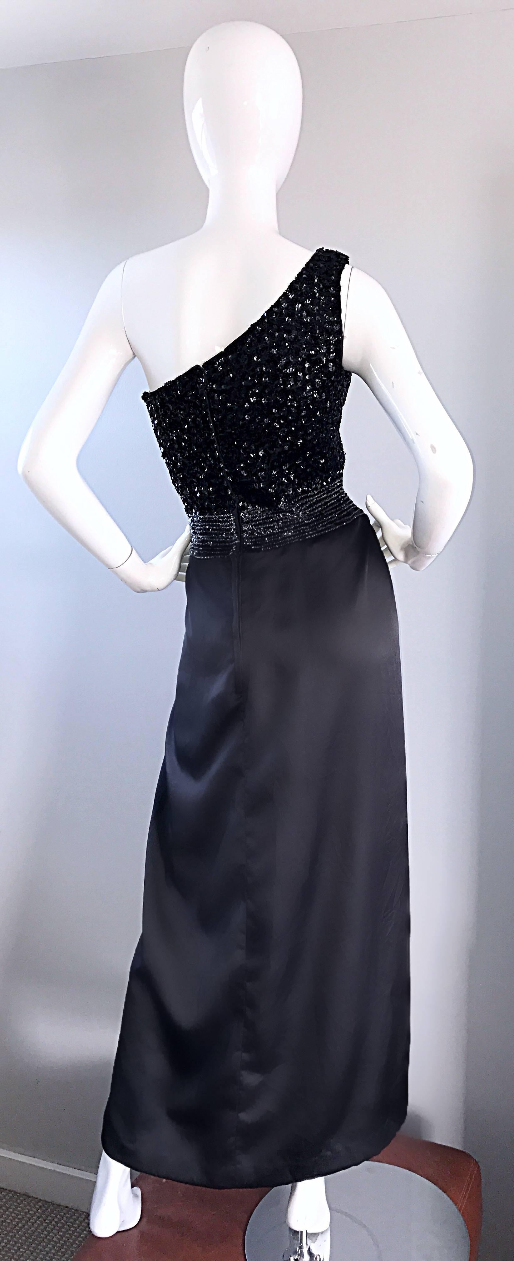 Amazing 1970s Vintage One Shoulder Black Sequin Silk 70s Evening Dress ...