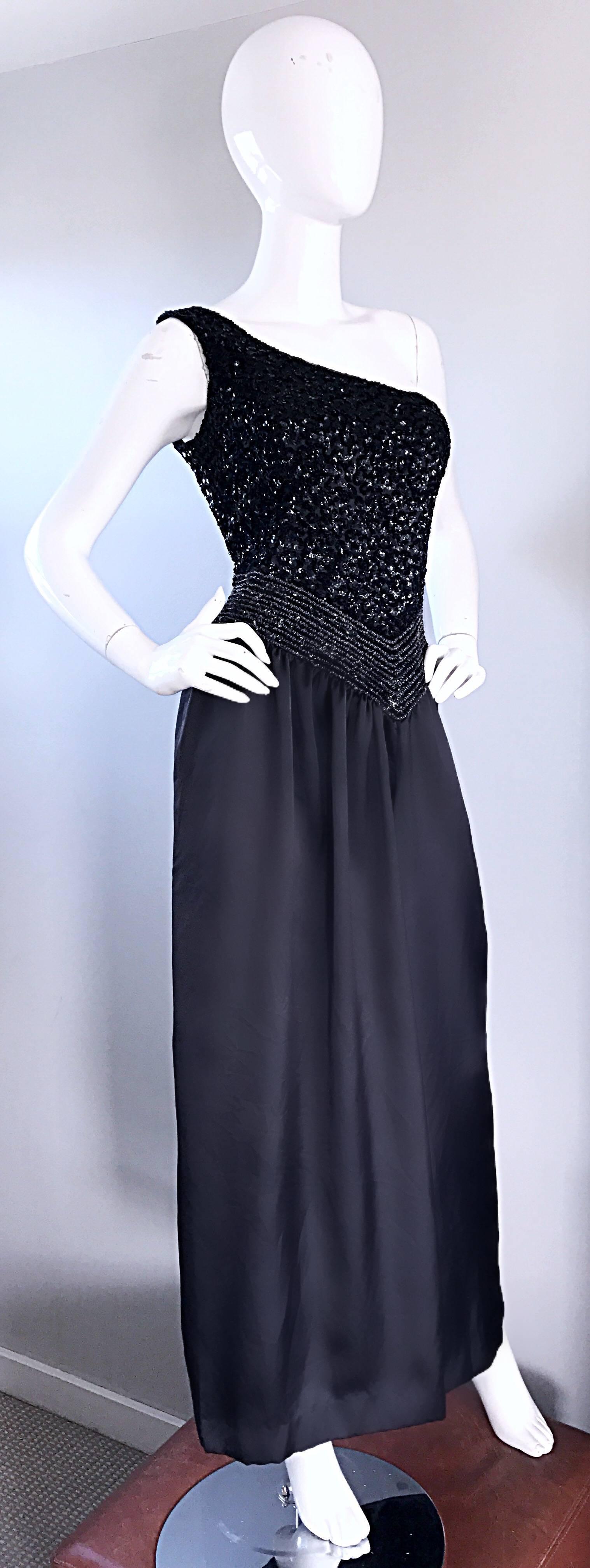 Women's Amazing 1970s Vintage One Shoulder Black Sequin Silk 70s Evening Dress Gown  For Sale