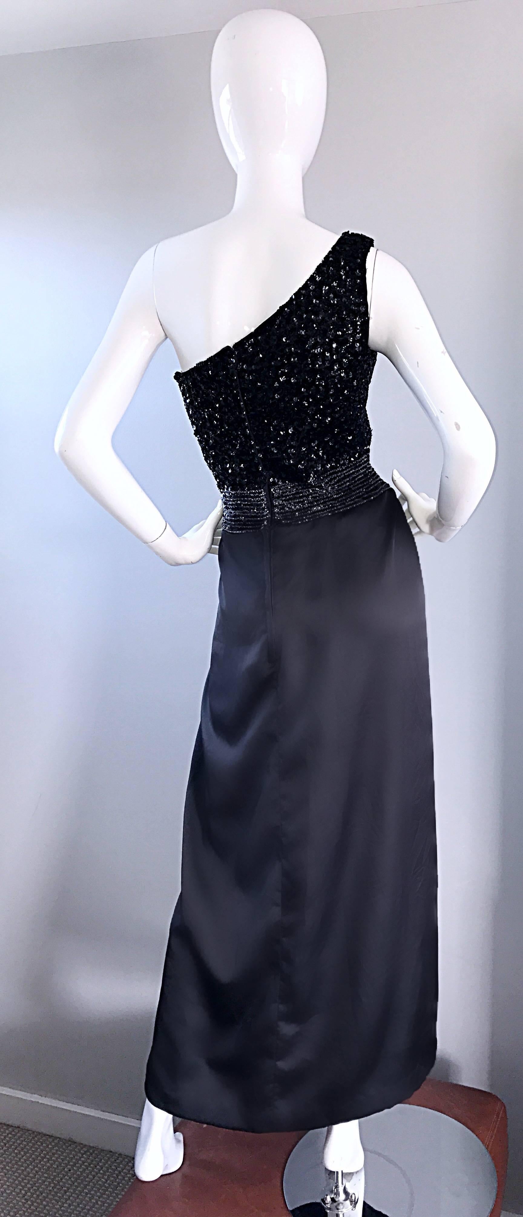 Amazing 1970s Vintage One Shoulder Black Sequin Silk 70s Evening Dress Gown  For Sale 1
