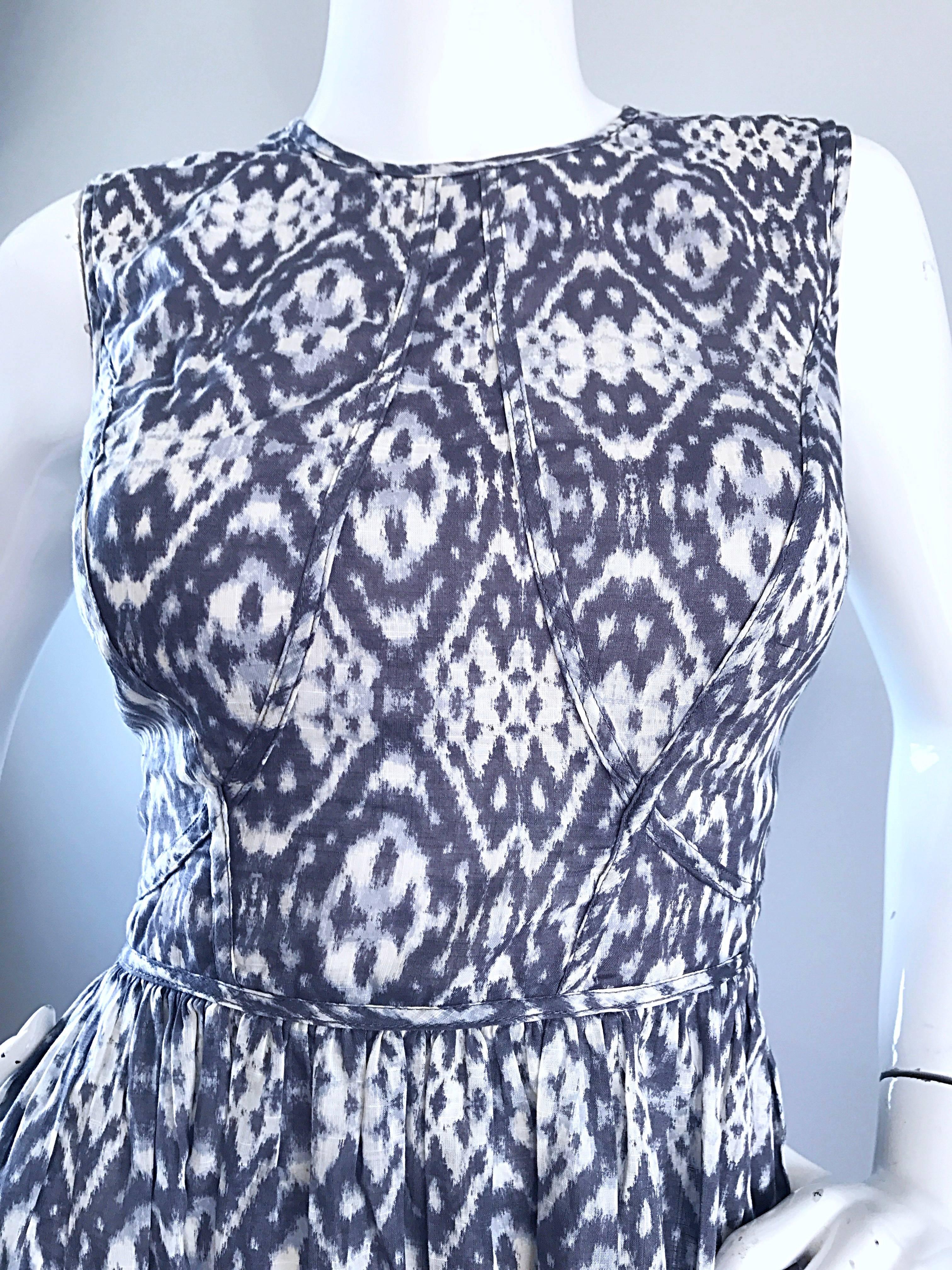 Chic brand new ZIMMERMANN lightweight cotton gray lilac lavender  and white Ikat print maxi dress! Intricate stitching detail on the bodice. High neck collar. Hidden zipper up the back with hook-and-eye closure. Can easily be dressed up or down.