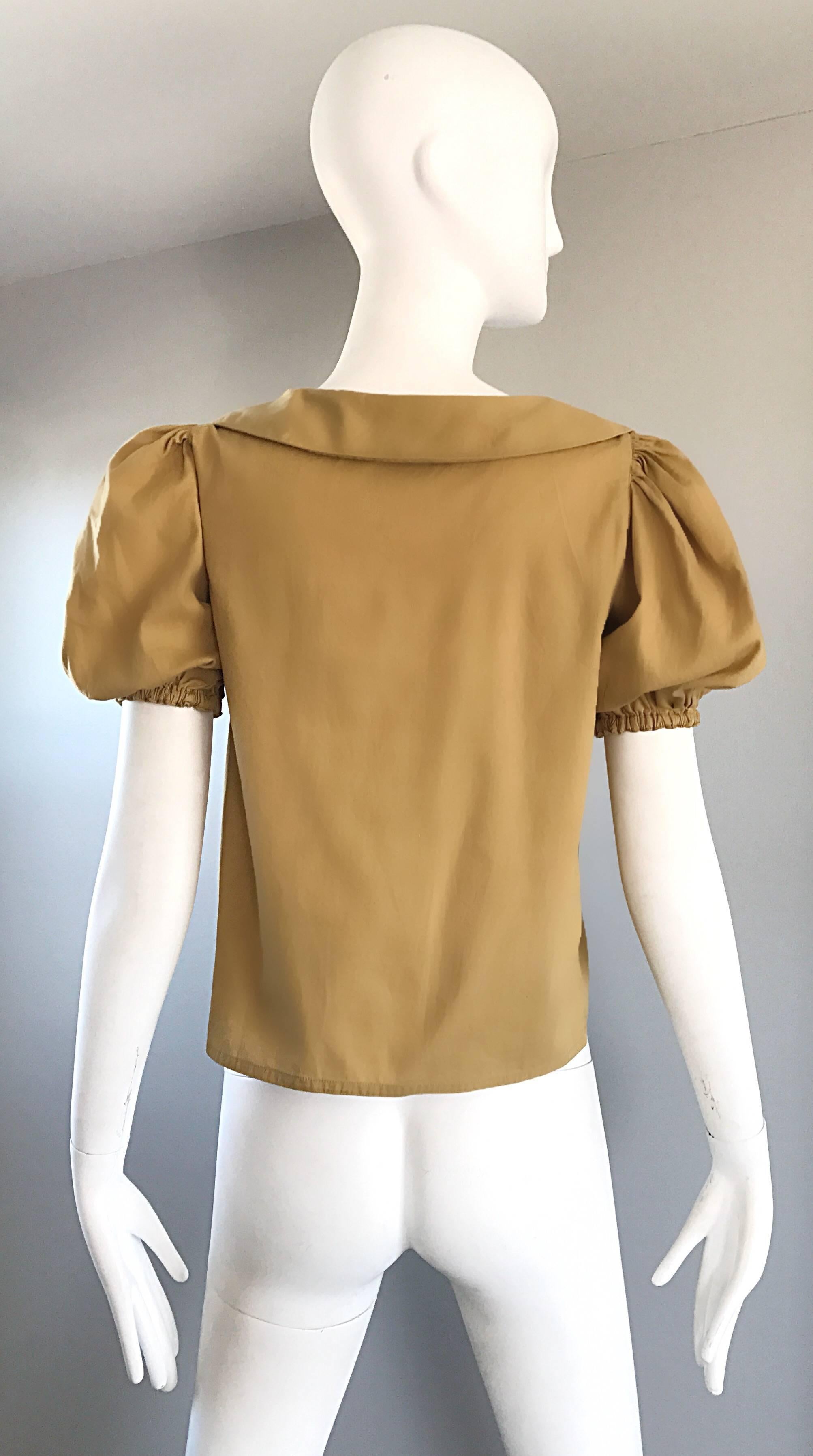 Brown Rare 1970s Willi Smith Khaki Tan Cotton Puff Sleeve Avant Garde Vintage Blouse 