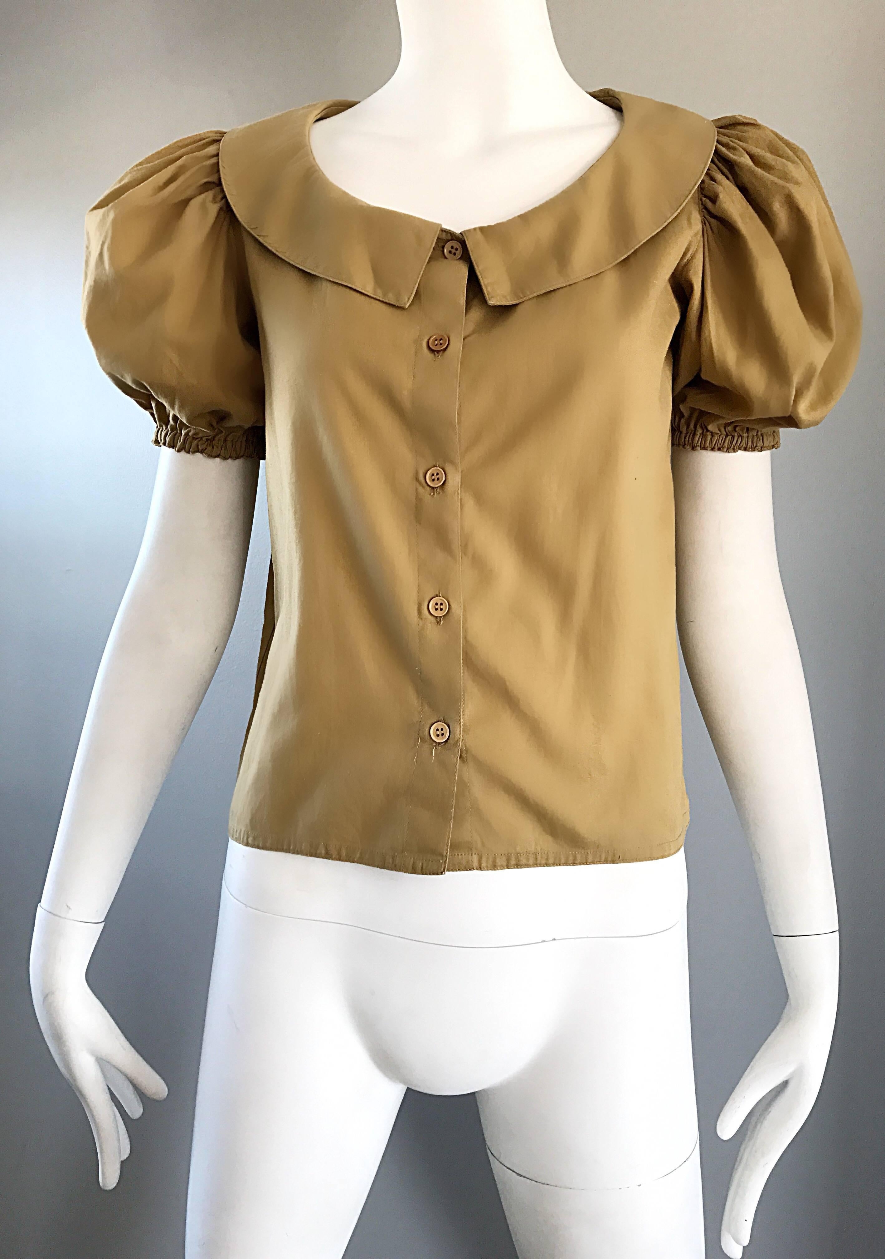 Rare 1970s Willi Smith Khaki Tan Cotton Puff Sleeve Avant Garde Vintage Blouse  In Excellent Condition In San Diego, CA