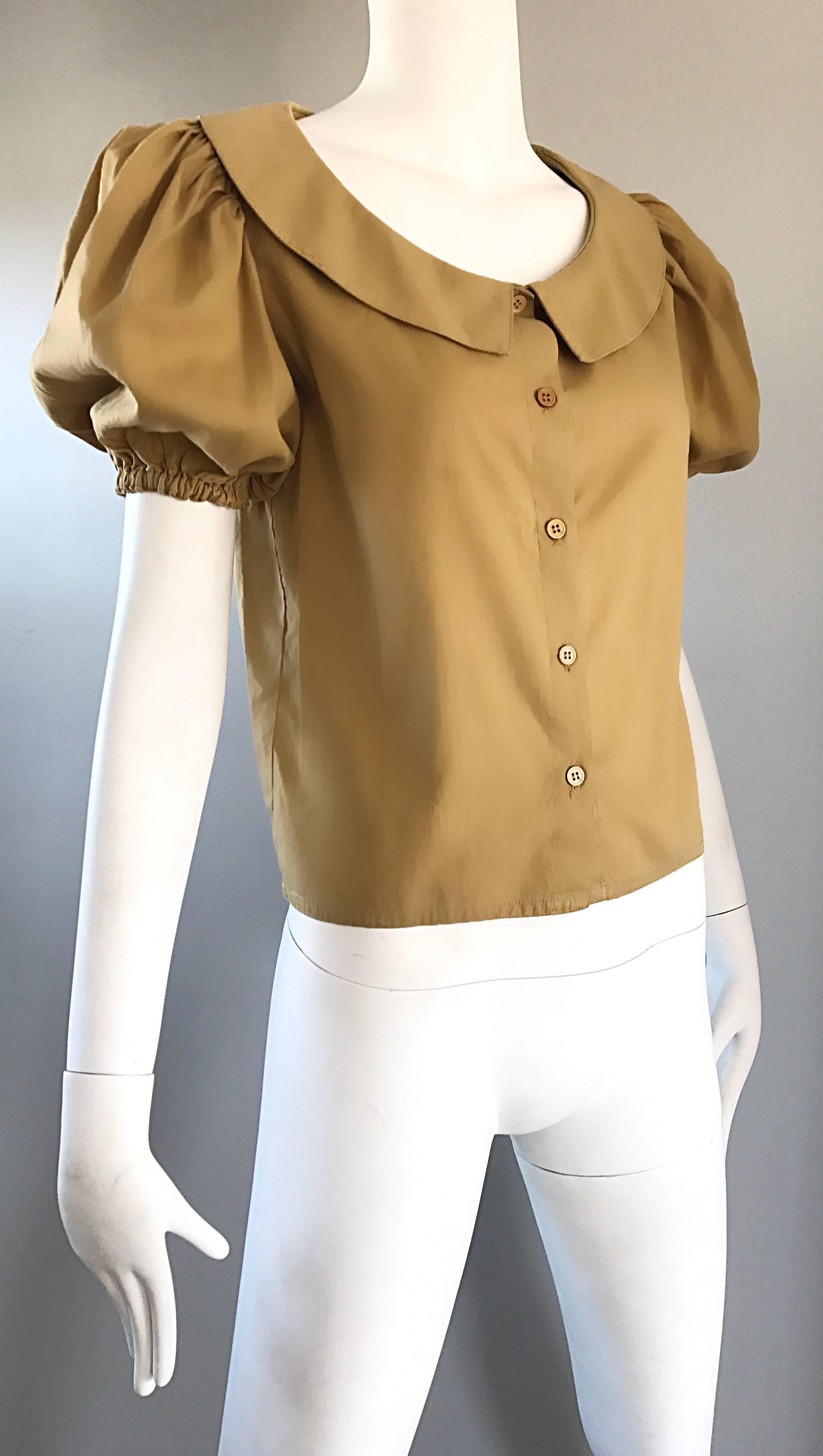 Women's Rare 1970s Willi Smith Khaki Tan Cotton Puff Sleeve Avant Garde Vintage Blouse 