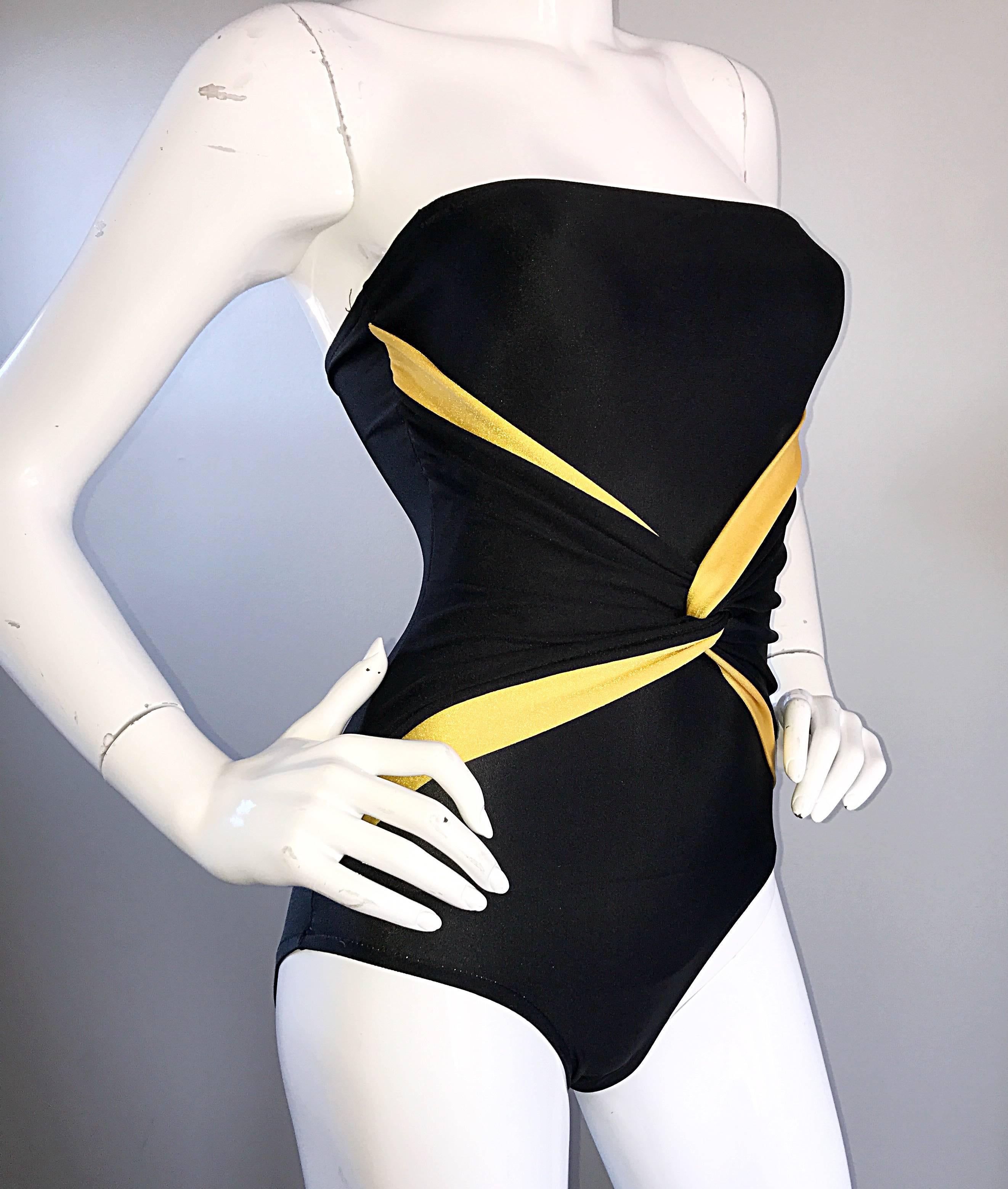 Women's Vintage Oscar de la Renta Black + Yellow Bumble Bee Strapless Swimsuit Bodysuit