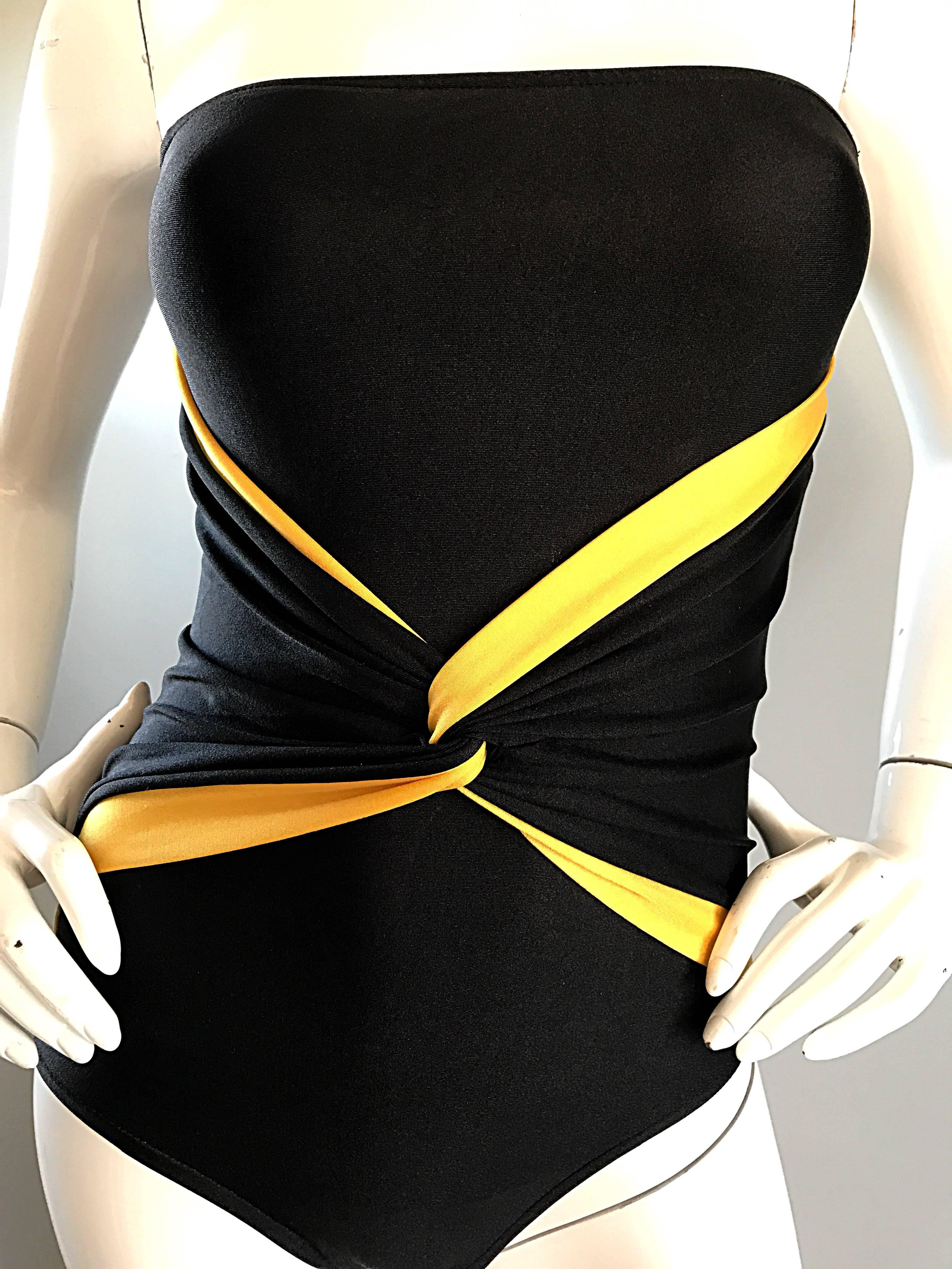 Vintage Oscar de la Renta Black + Yellow Bumble Bee Strapless Swimsuit Bodysuit 1