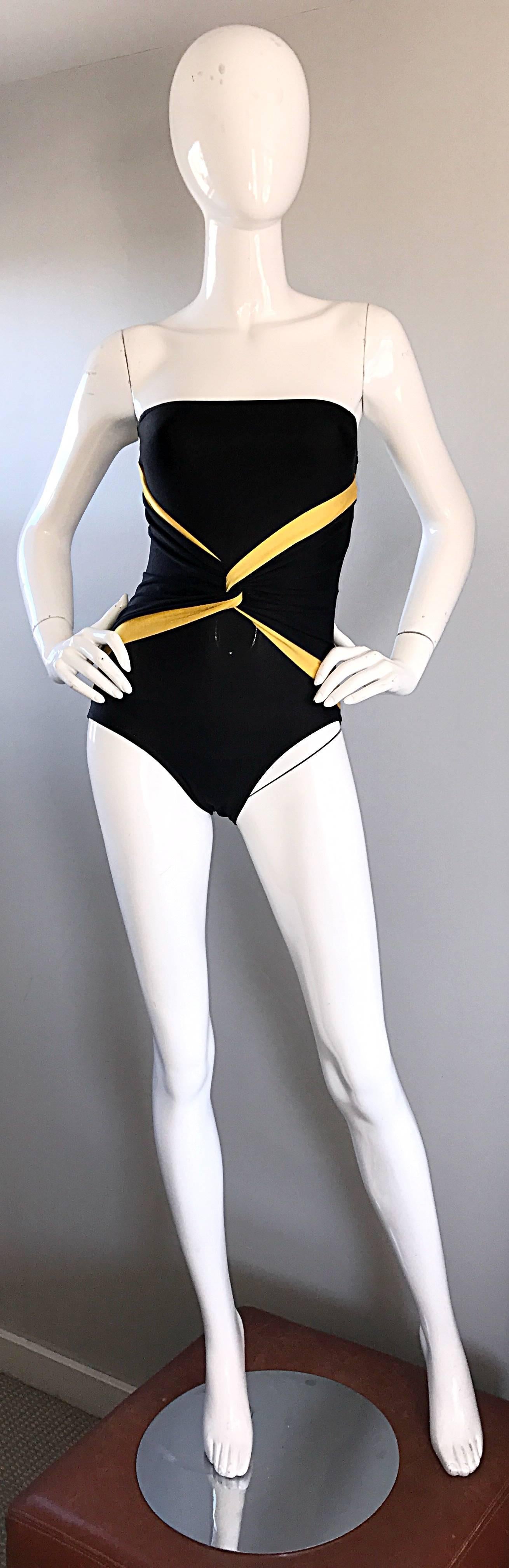 Vintage Oscar de la Renta Black + Yellow Bumble Bee Strapless Swimsuit Bodysuit 2