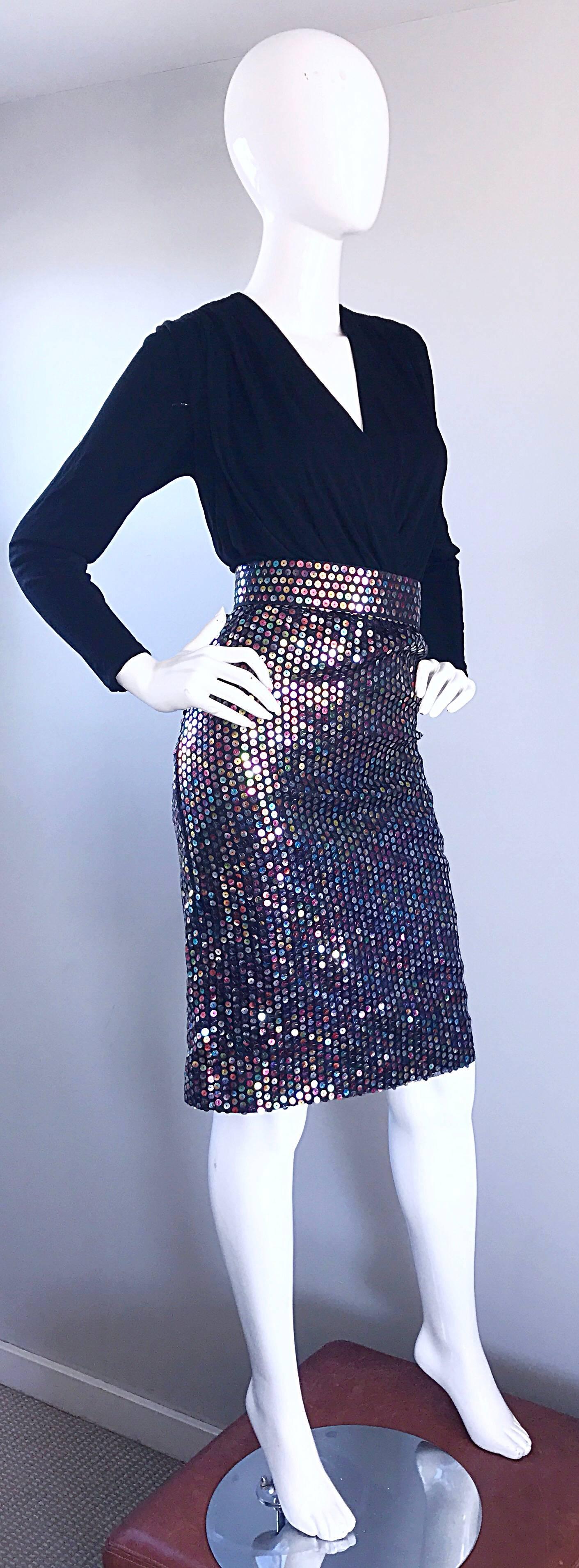 Vintage Louisa Nevins Black Jersey Colorful Sequin 1990s Bodycon Belted Dress  In Excellent Condition For Sale In San Diego, CA