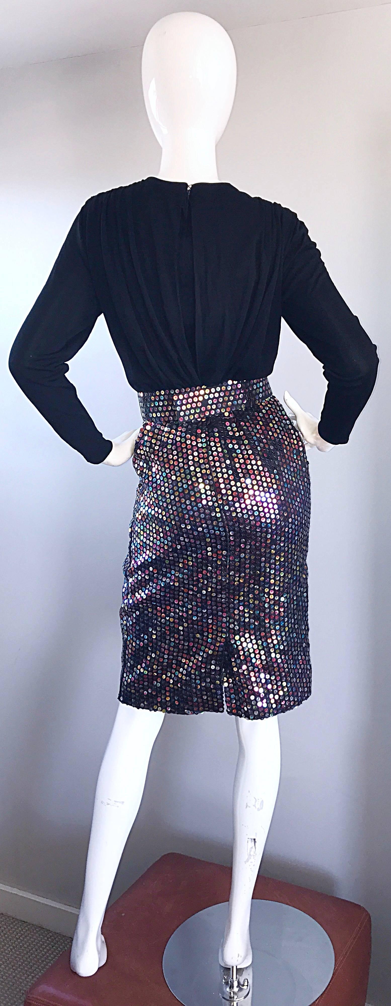 Women's Vintage Louisa Nevins Black Jersey Colorful Sequin 1990s Bodycon Belted Dress  For Sale