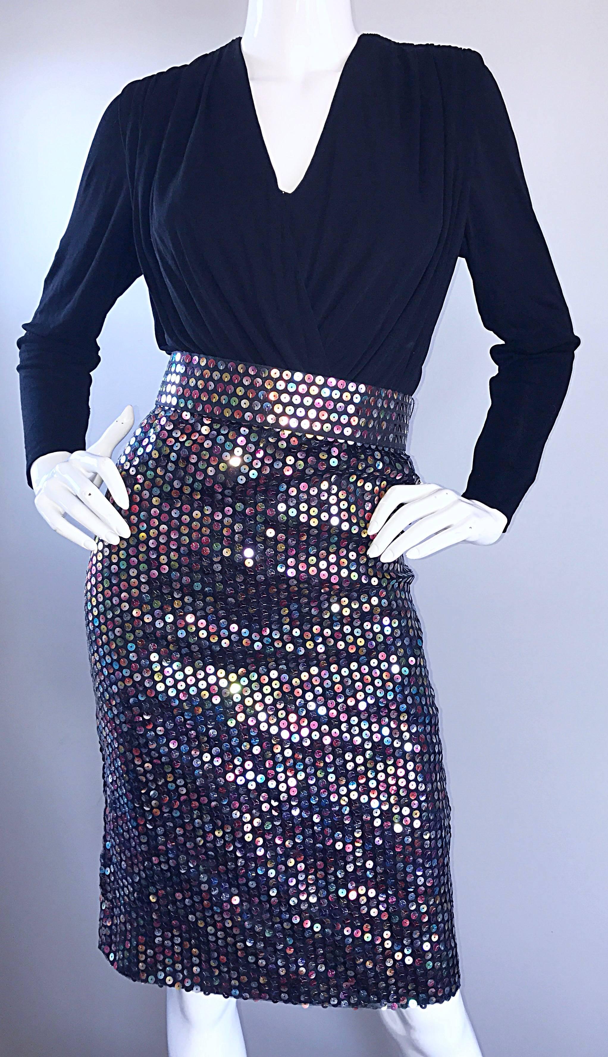 Vintage Louisa Nevins Black Jersey Colorful Sequin 1990s Bodycon Belted Dress  For Sale 1