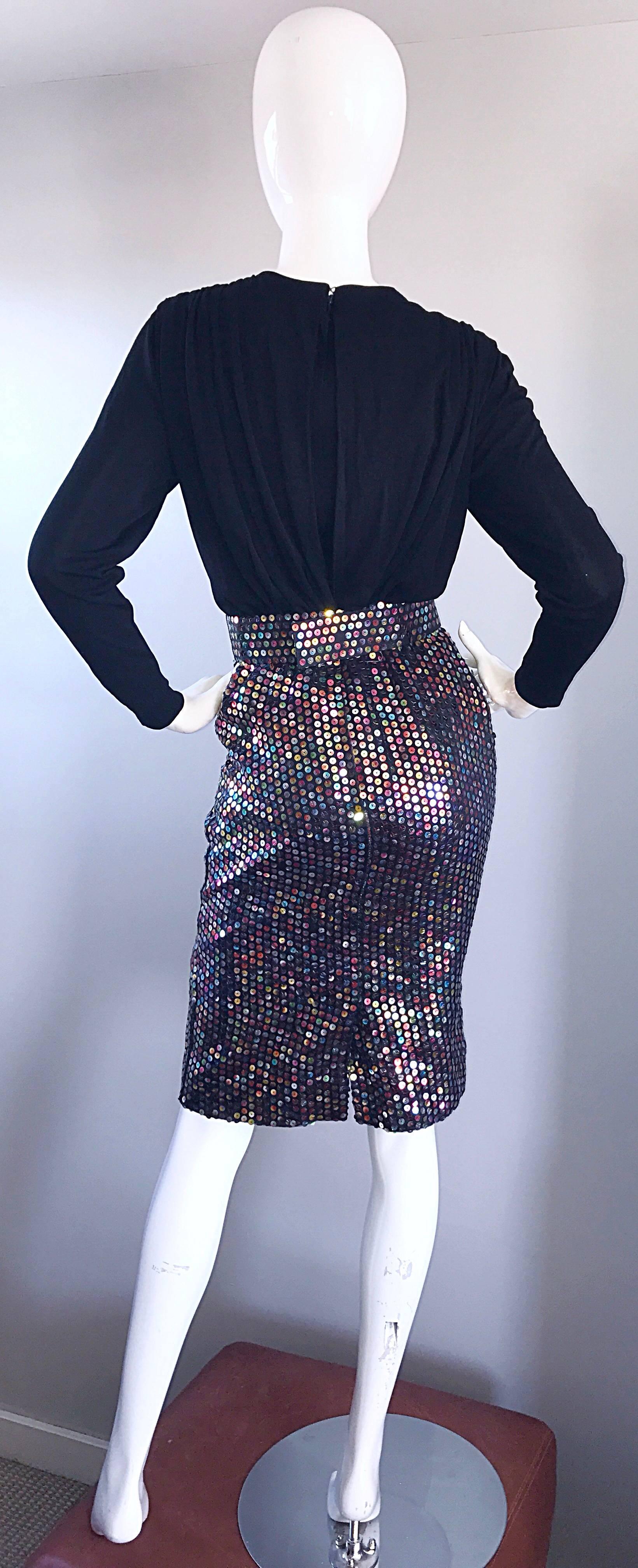Vintage Louisa Nevins Black Jersey Colorful Sequin 1990s Bodycon Belted Dress  For Sale 2