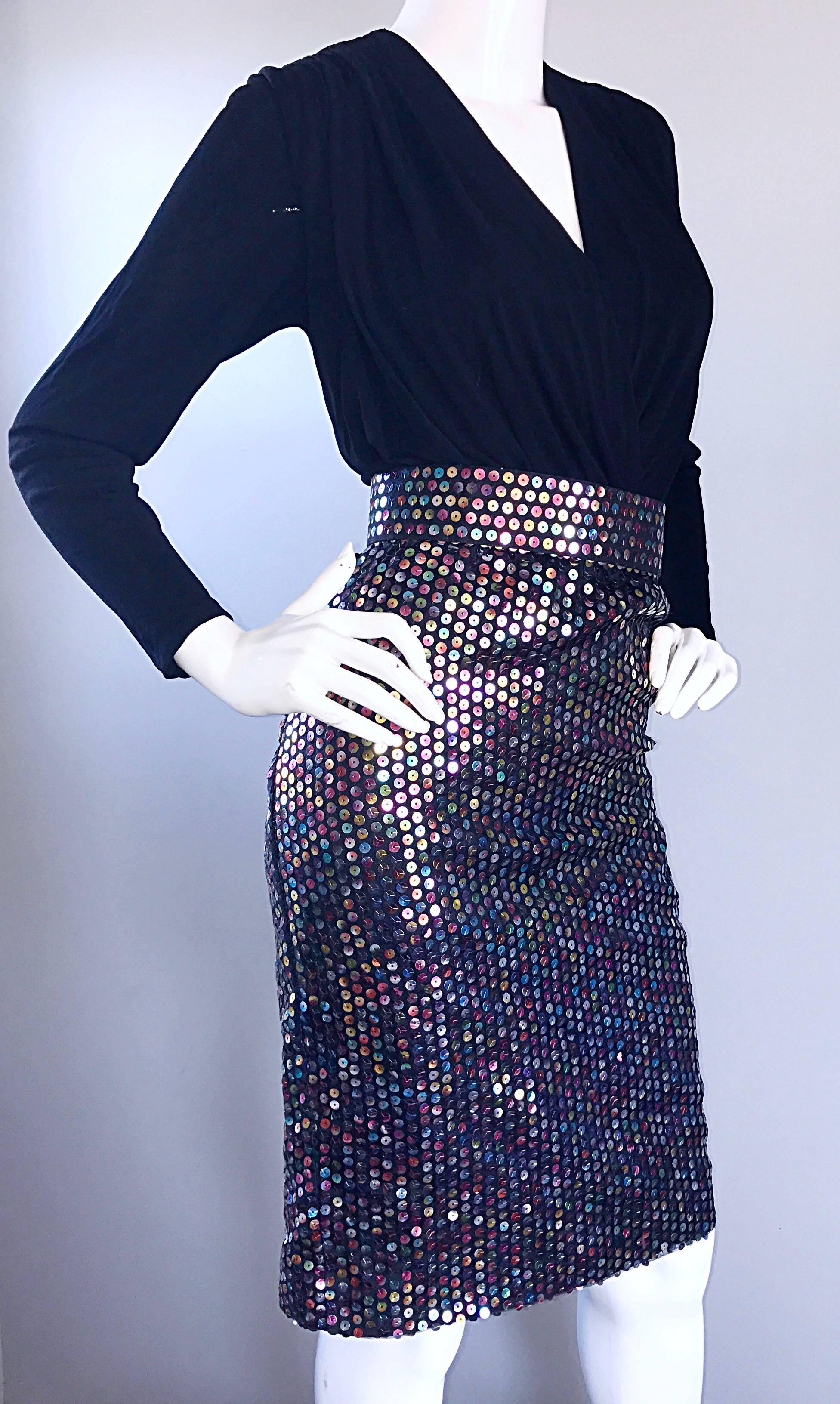 Vintage Louisa Nevins Black Jersey Colorful Sequin 1990s Bodycon Belted Dress  For Sale 3