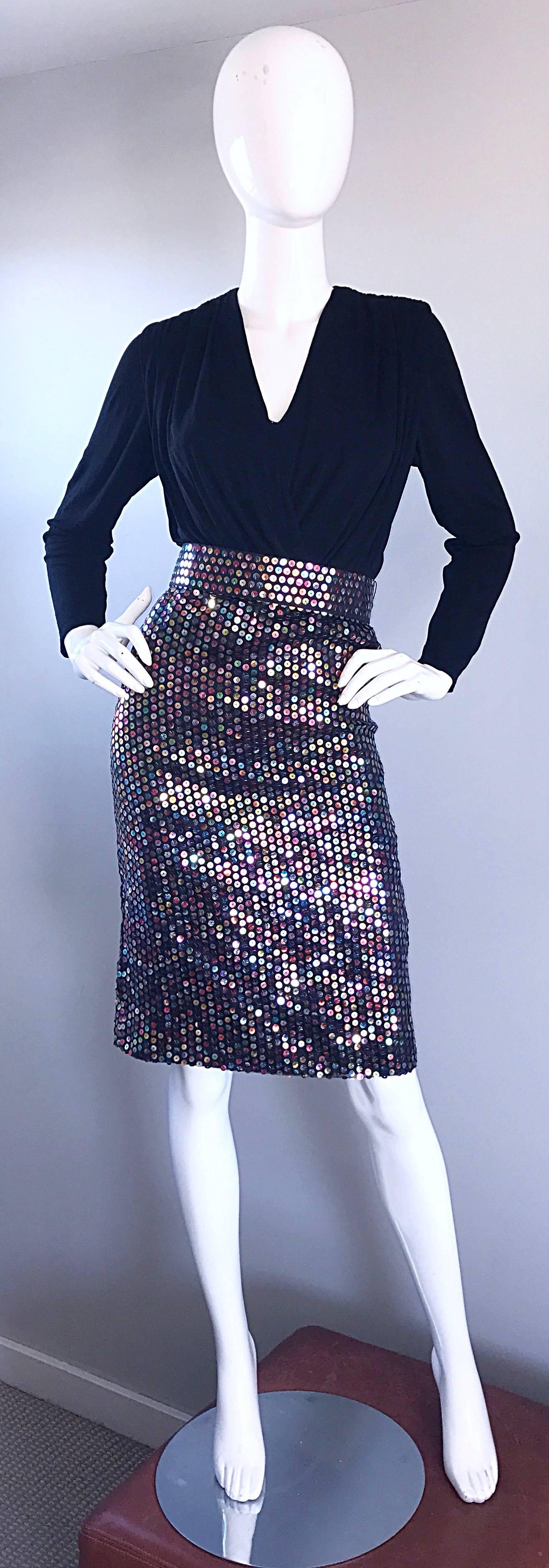 Vintage Louisa Nevins Black Jersey Colorful Sequin 1990s Bodycon Belted Dress  For Sale 4