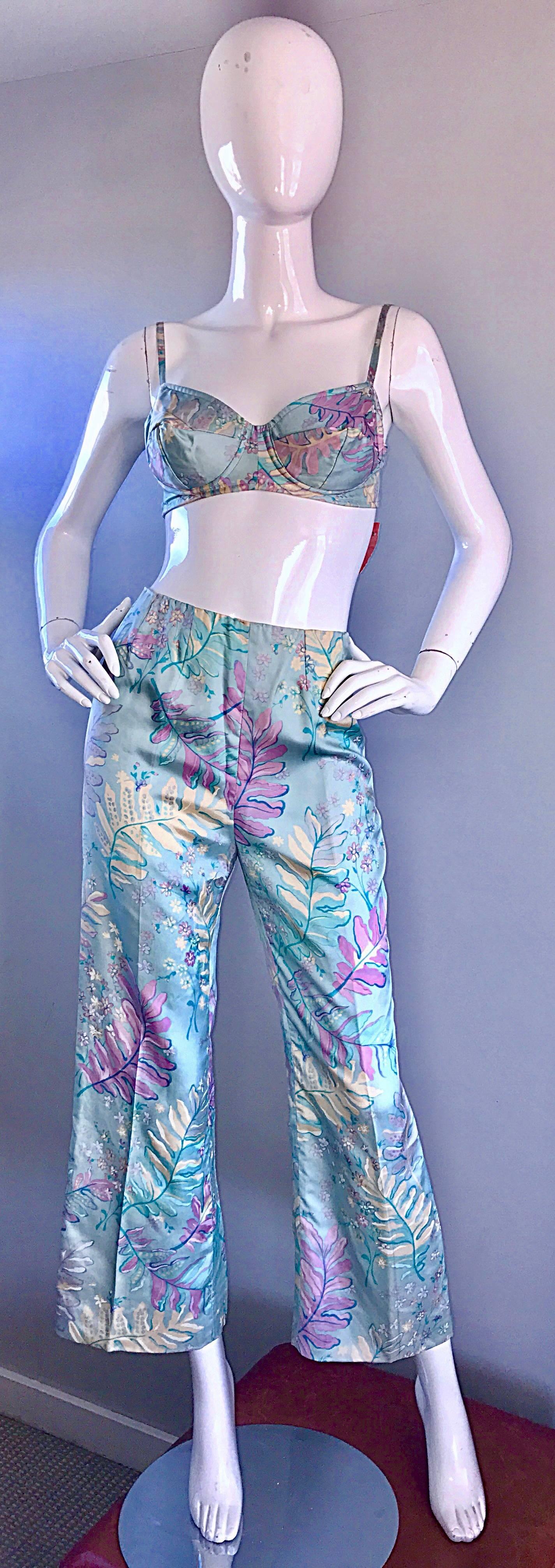 Sexy vintage 60s ELIGLAU MILANO brand new with original price tags attached silk bra and pants ensemble! Channel your inner bombshell movie star self! Pale blue, with purple and ivory leaves throughout. High waisted fit, with a hidden metal zipper