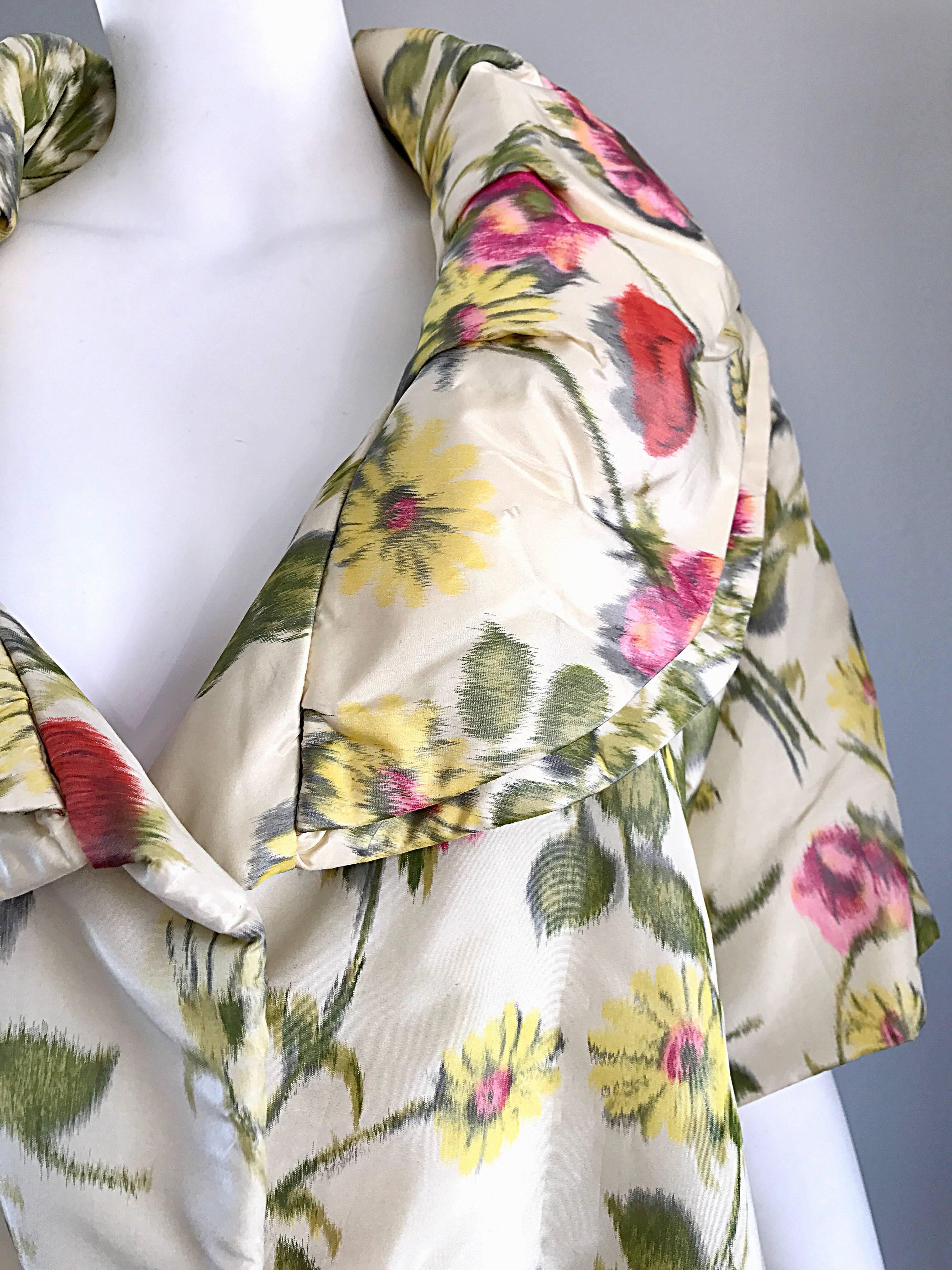 Beige Lillie Rubin Floral Silk Vintage Trapeze Swing Opera Jacket Coat, 1950s 