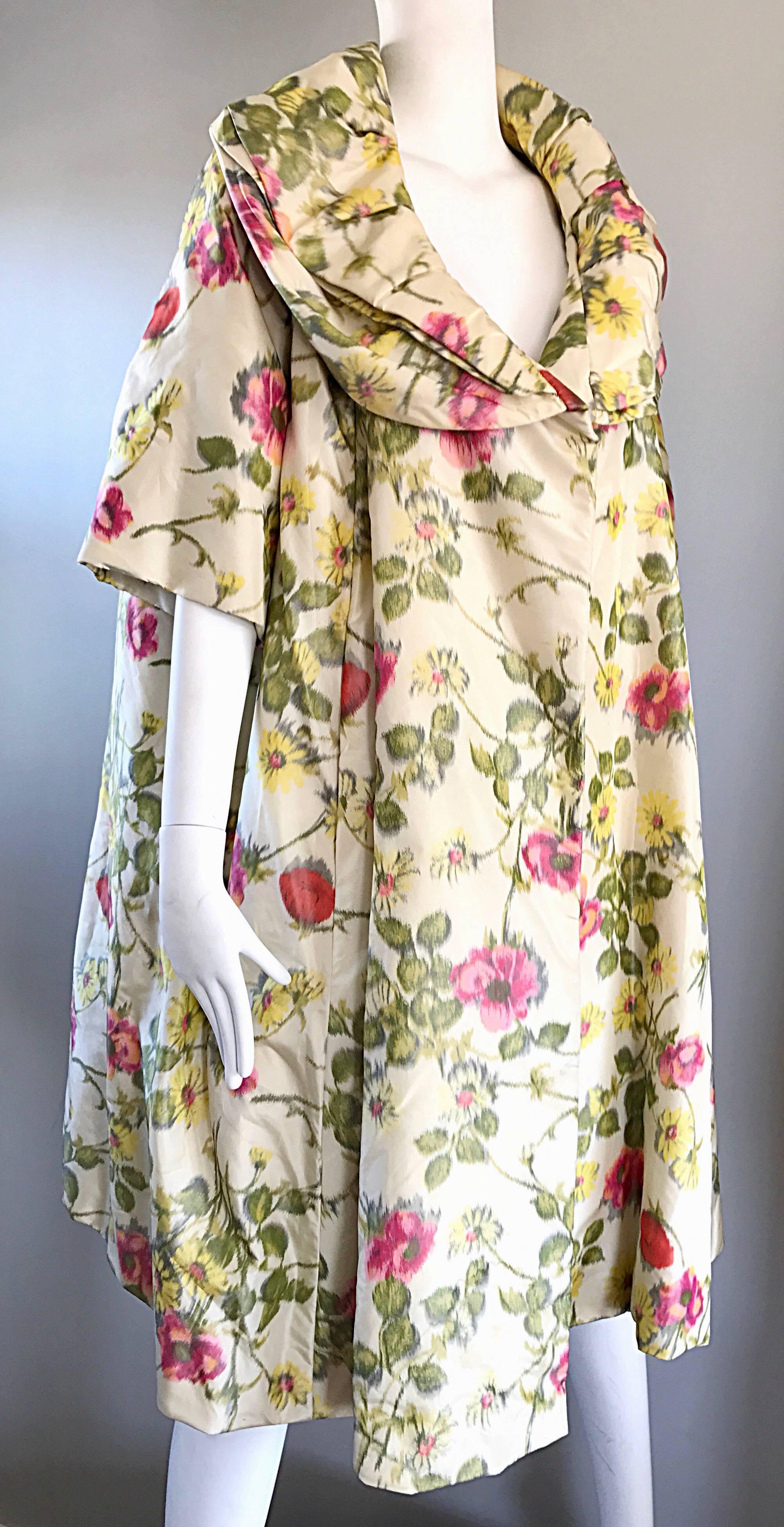 Lillie Rubin Floral Silk Vintage Trapeze Swing Opera Jacket Coat, 1950s  4