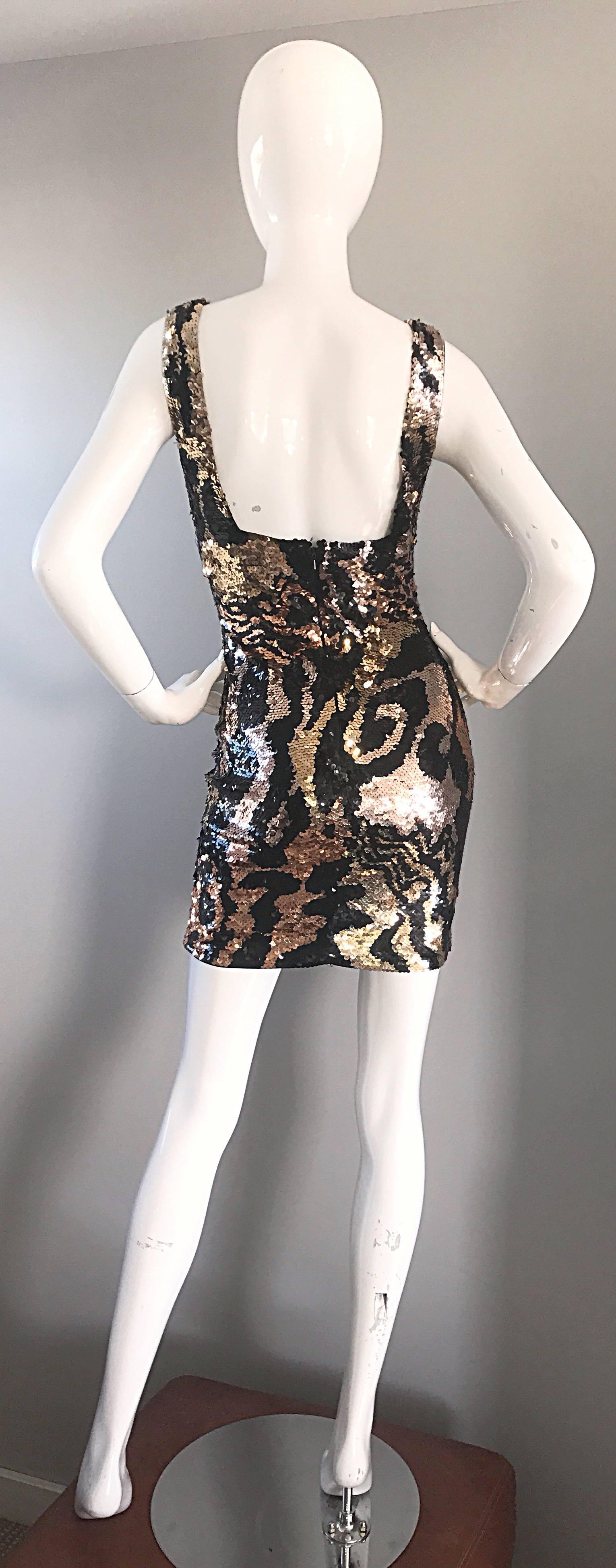 1990s Oleg Cassini Gold Black Rose Gold Sequin Animal Print Bodycon 90s Dress In Excellent Condition In San Diego, CA