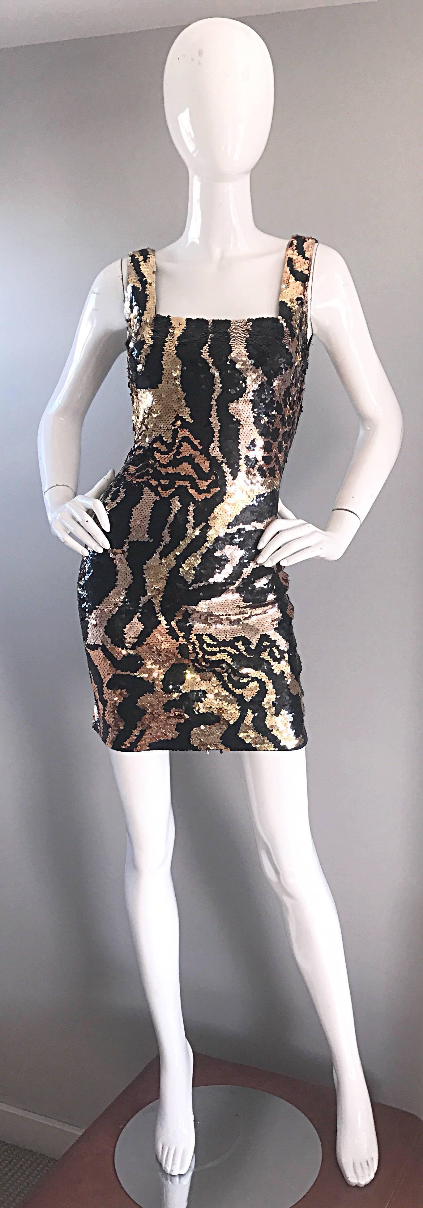 1990s Oleg Cassini Gold Black Rose Gold Sequin Animal Print Bodycon 90s Dress 2