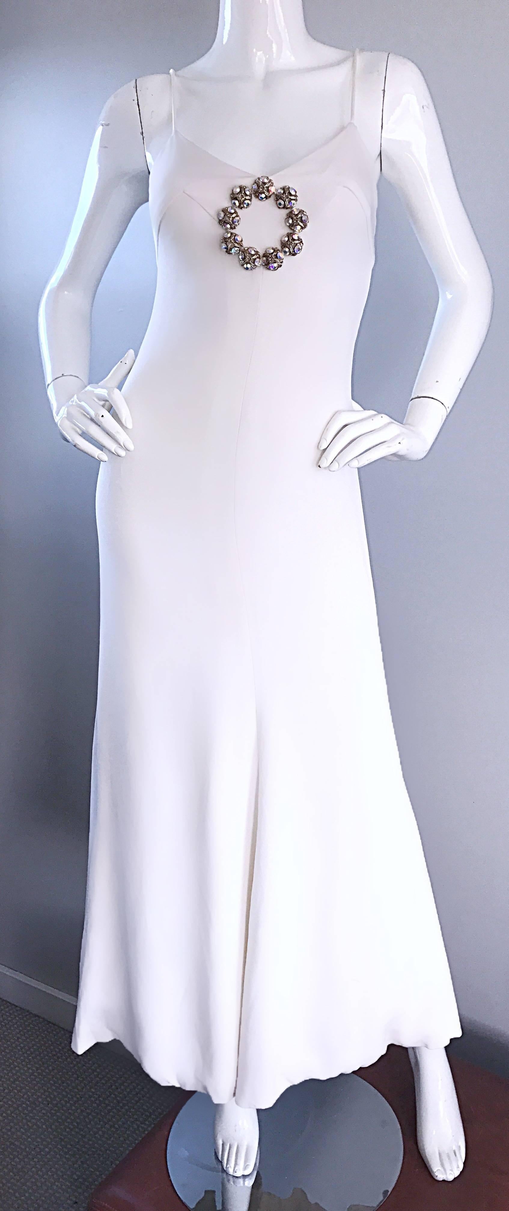 Women's Oscar de la Renta 1970s Exceptional Vintage White Crepe Rhinestone Dress / Gown