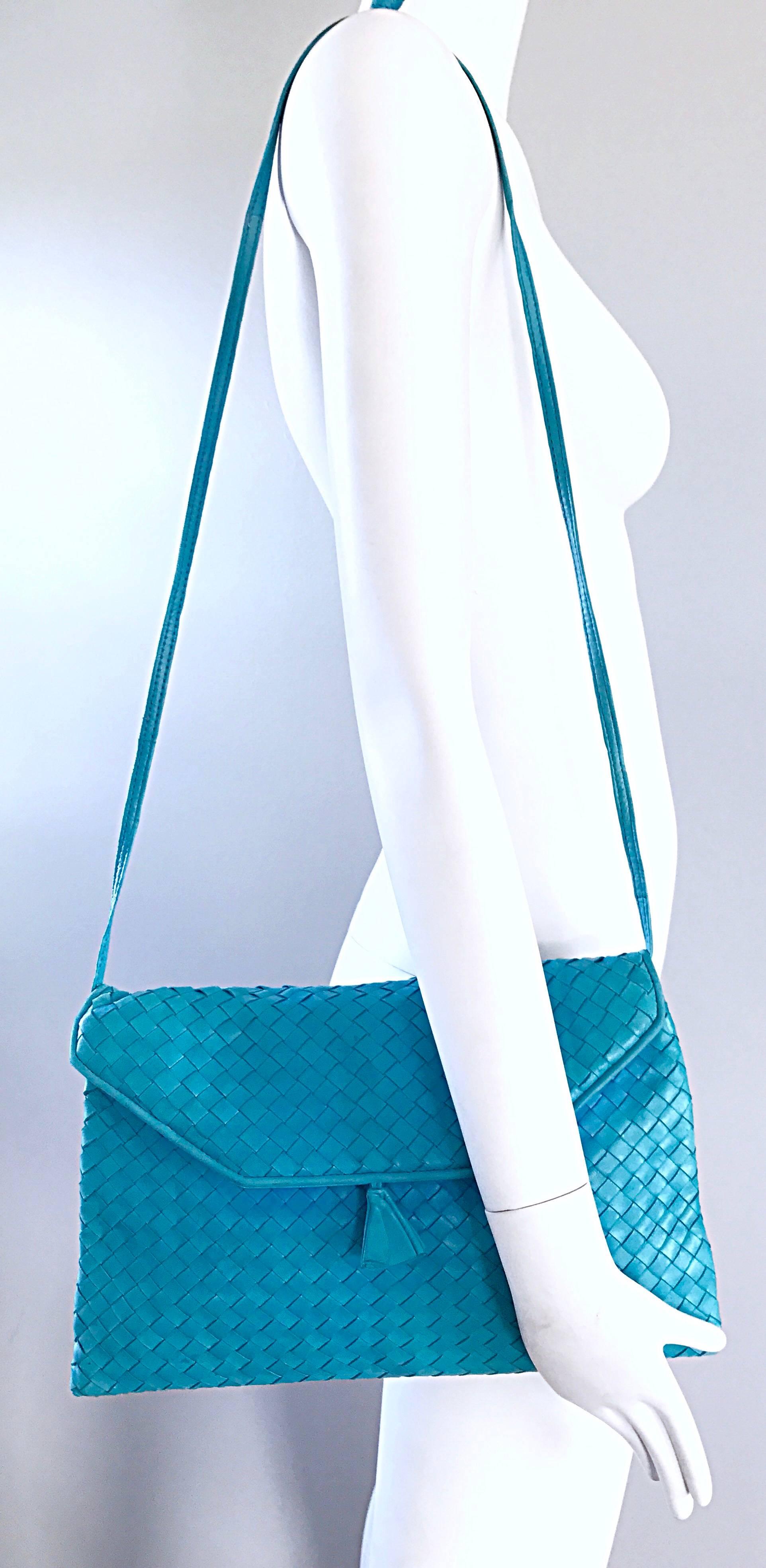 1970s Bonwit Teller Turquoise Blue Woven 70s Leather Italian Made Shoulder Bag  1