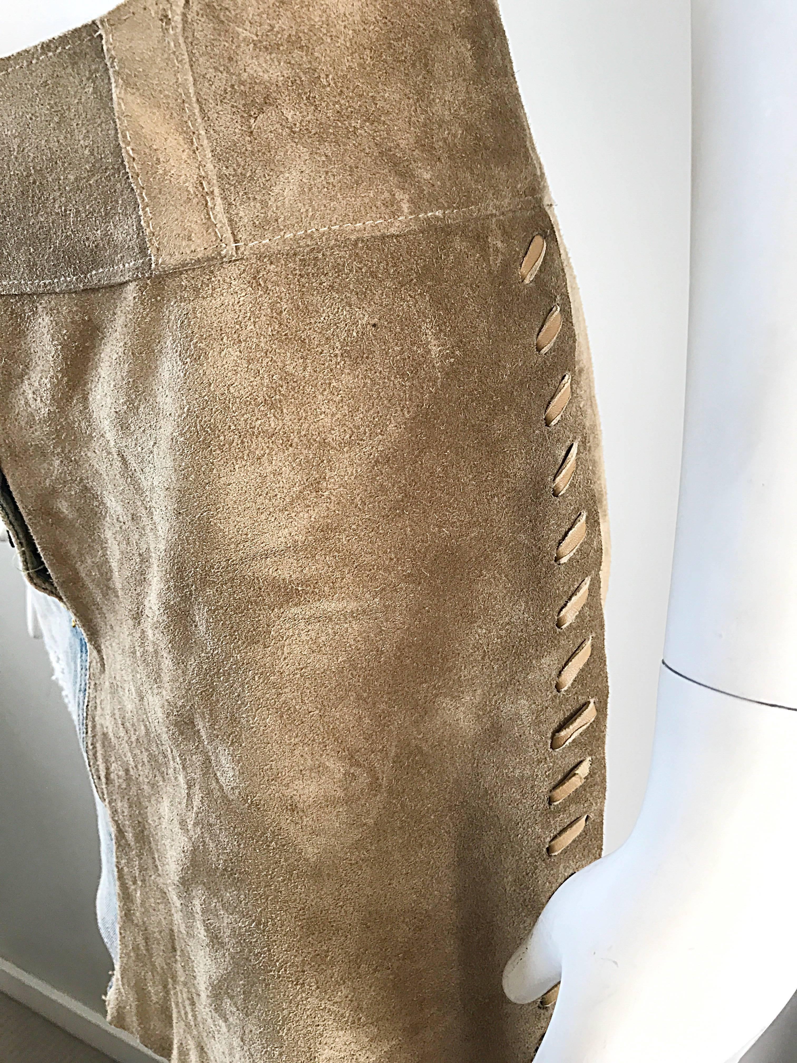 Brown 1990s Dolce and Gabbana Denim + Suede Leather 90s Vintage Distressed Mini Skirt