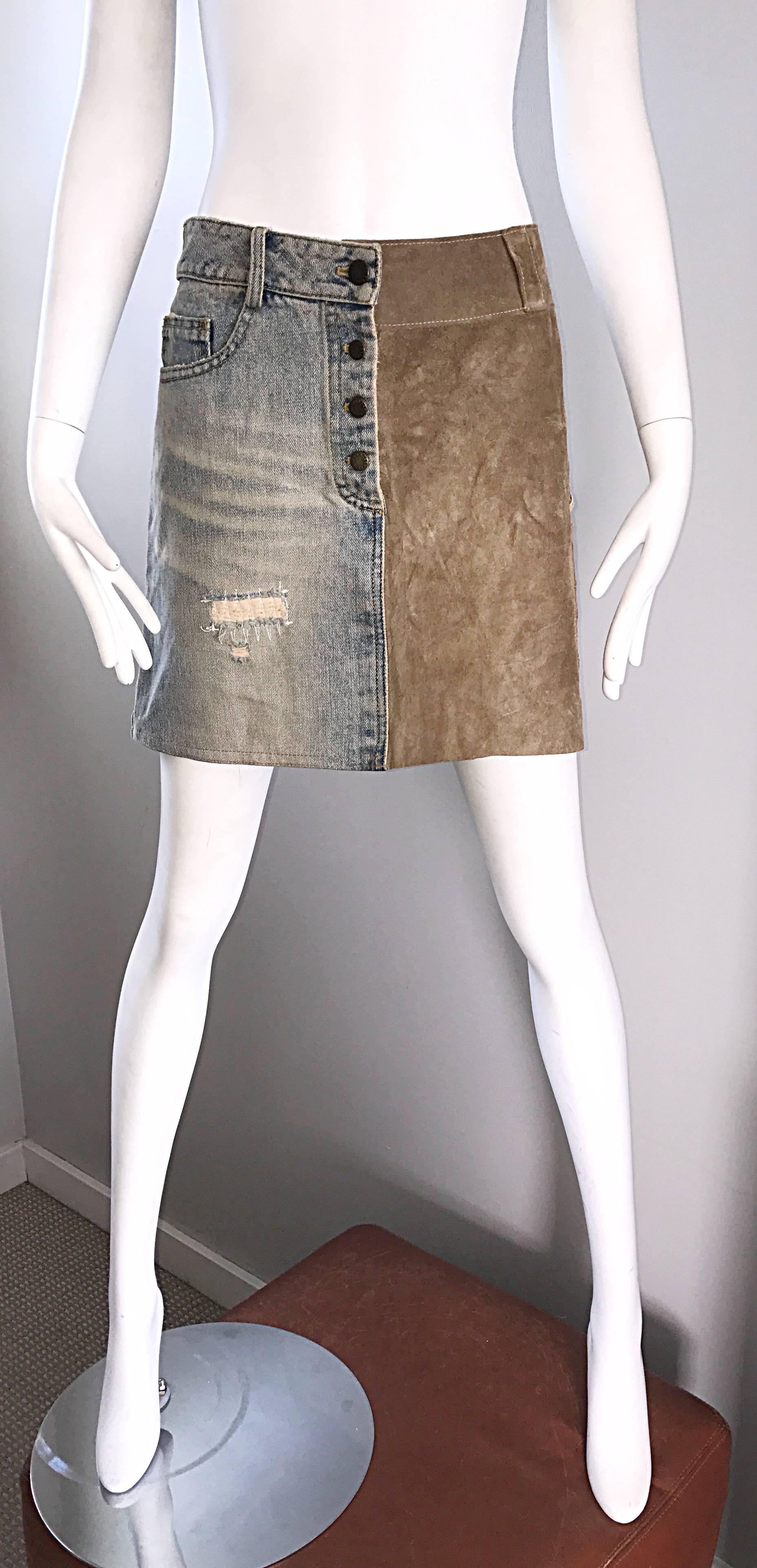 1990s Dolce and Gabbana Denim + Suede Leather 90s Vintage Distressed Mini Skirt In Excellent Condition In San Diego, CA