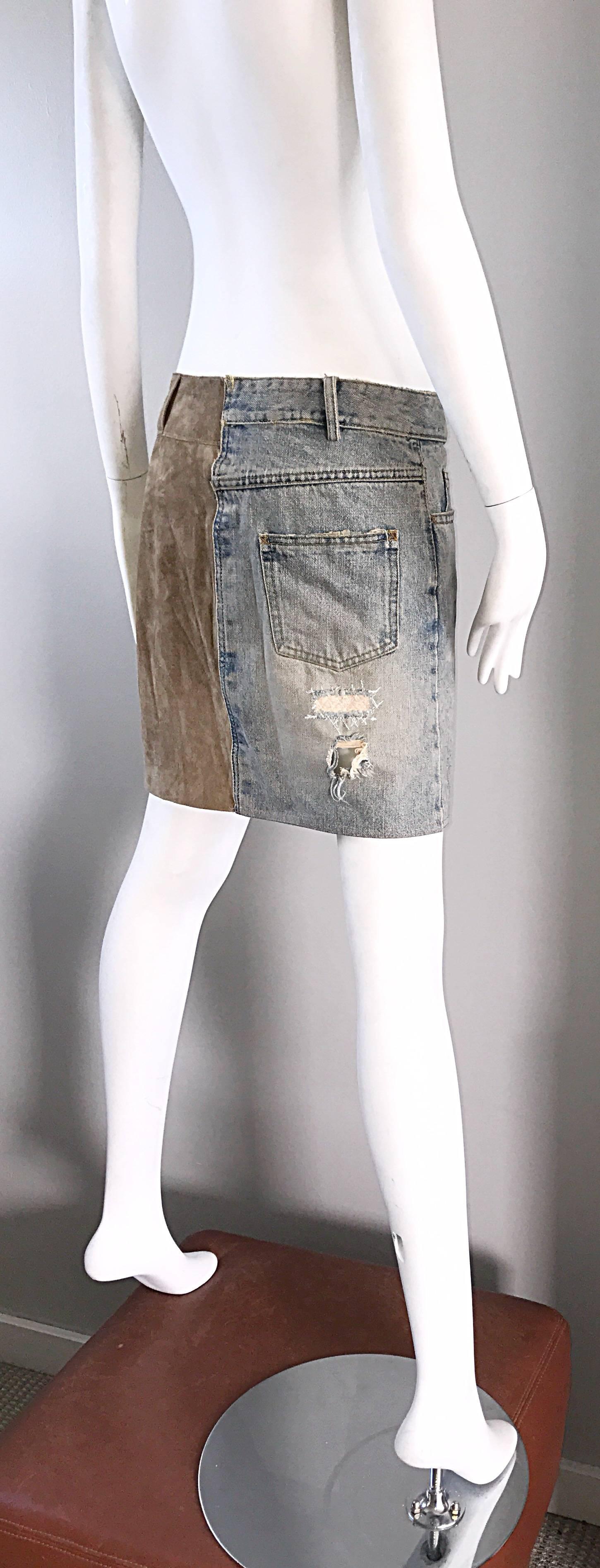Women's 1990s Dolce and Gabbana Denim + Suede Leather 90s Vintage Distressed Mini Skirt
