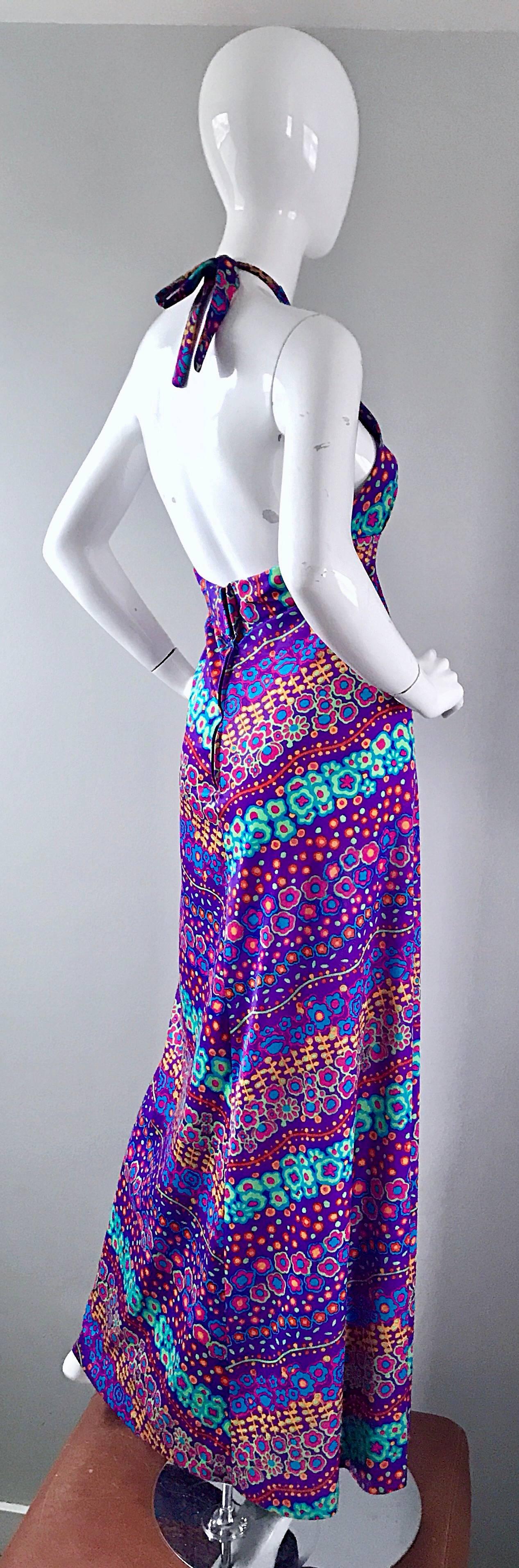 Amazing 1970s Vintage Bright Colored Flower Power 70s Purple Halter Maxi Dress  In Excellent Condition In San Diego, CA