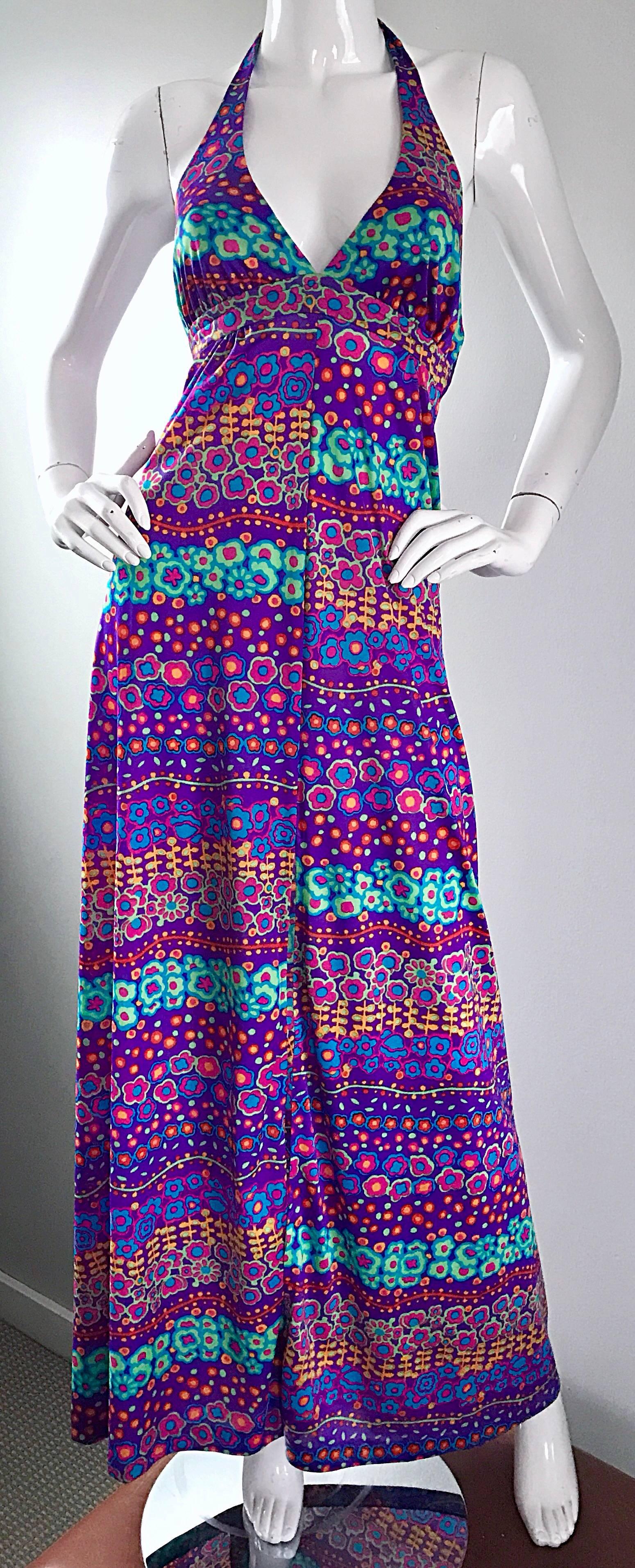 Women's Amazing 1970s Vintage Bright Colored Flower Power 70s Purple Halter Maxi Dress 