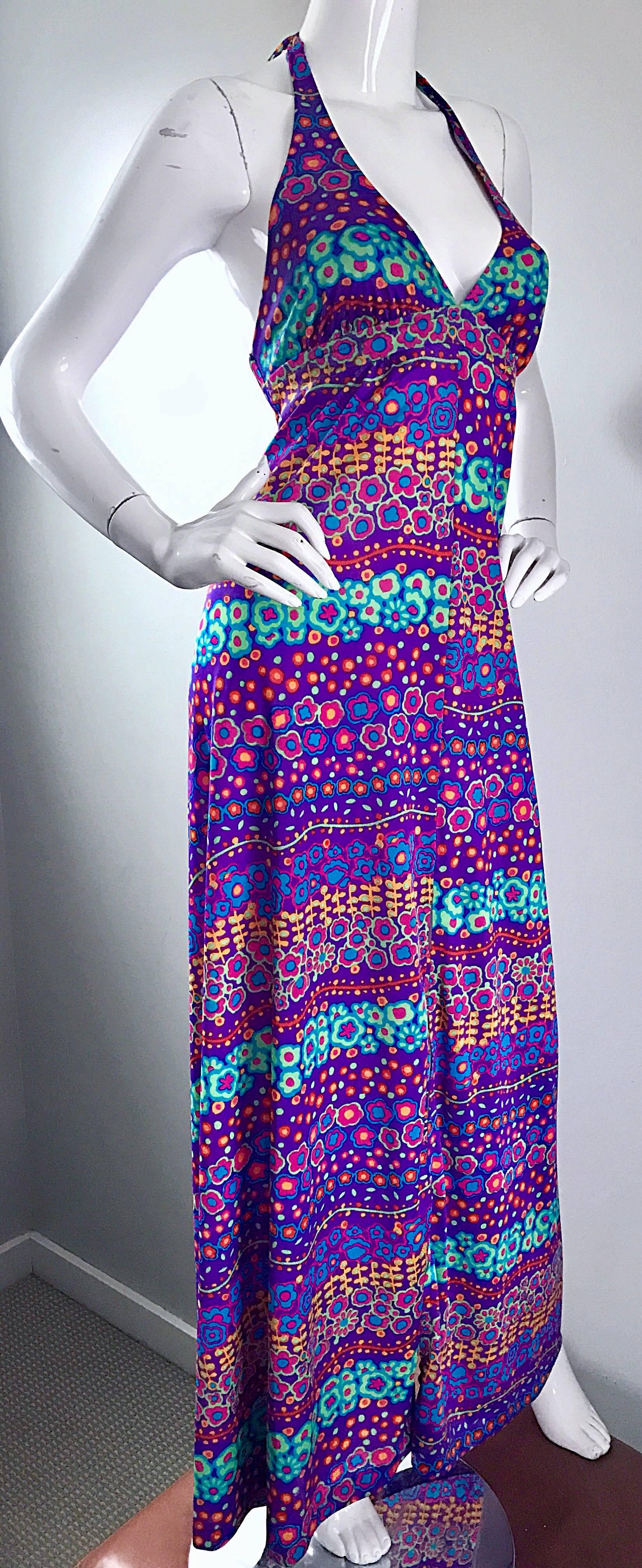 Amazing 1970s Vintage Bright Colored Flower Power 70s Purple Halter Maxi Dress  2