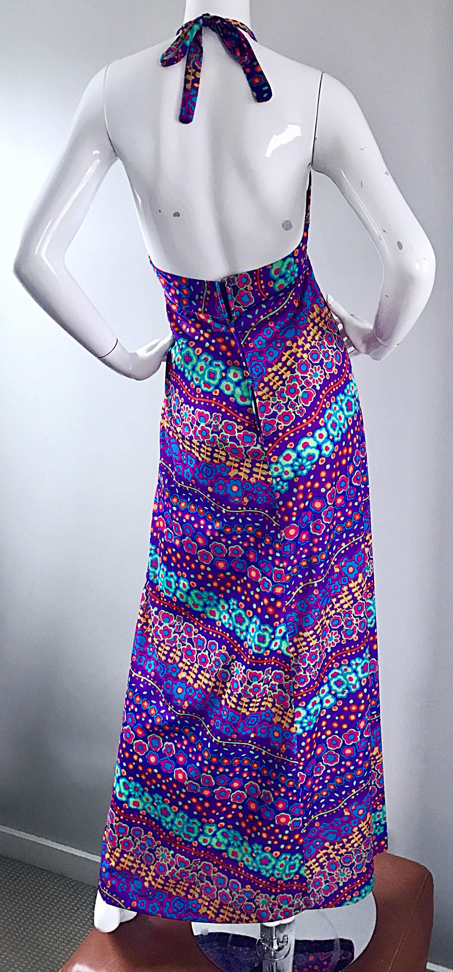 Amazing 1970s Vintage Bright Colored Flower Power 70s Purple Halter Maxi Dress  4