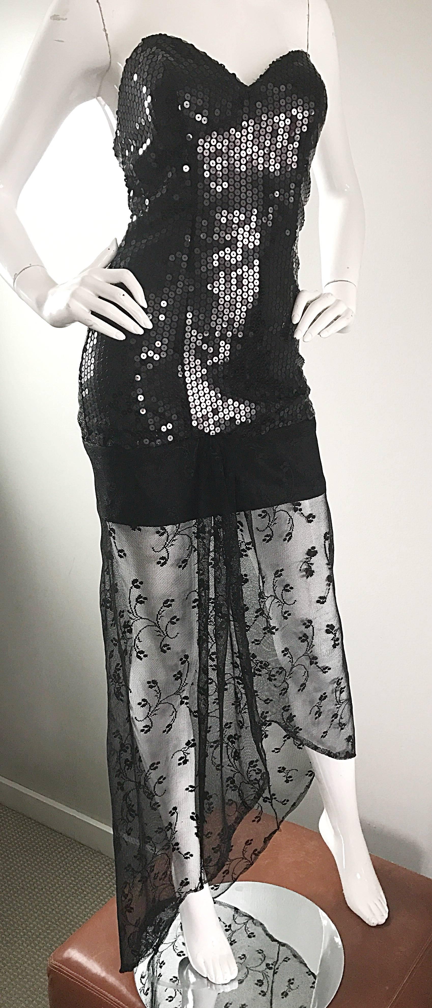 1990s Black Sequin + Lace Sexy Strapless Hi - Lo Vintage 90s Mini Cocktail Dress In Excellent Condition For Sale In San Diego, CA