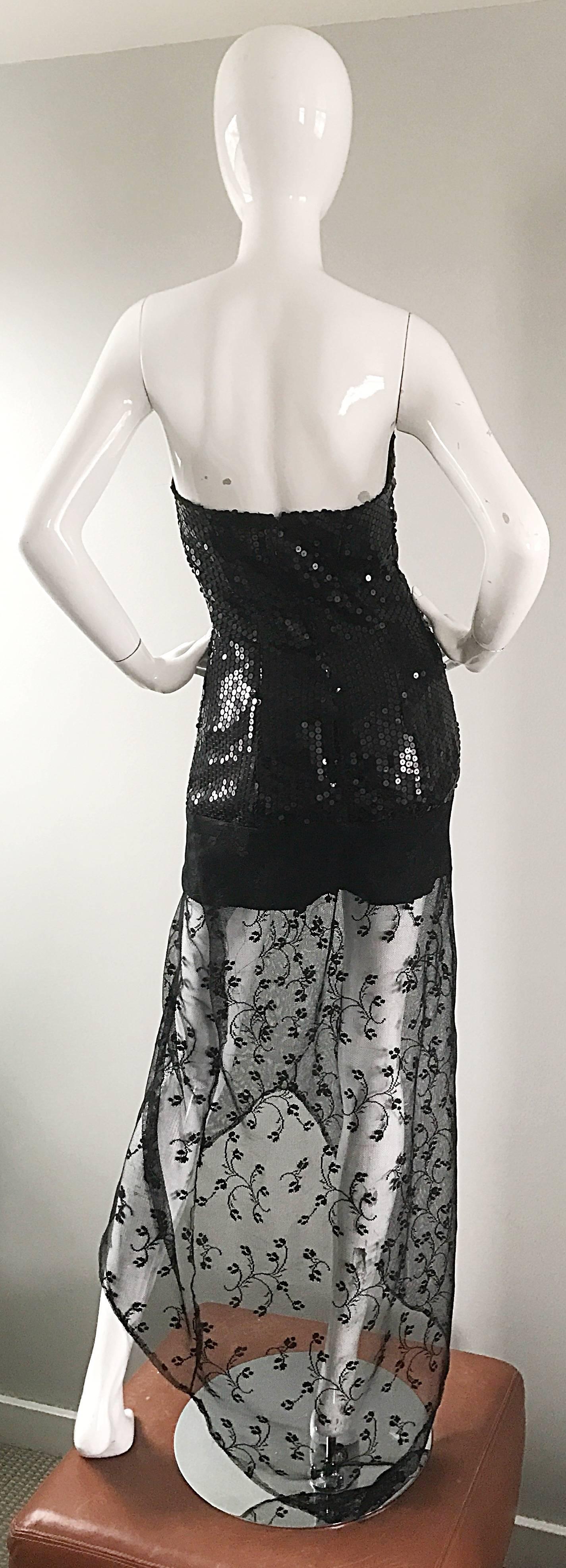 Women's 1990s Black Sequin + Lace Sexy Strapless Hi - Lo Vintage 90s Mini Cocktail Dress For Sale