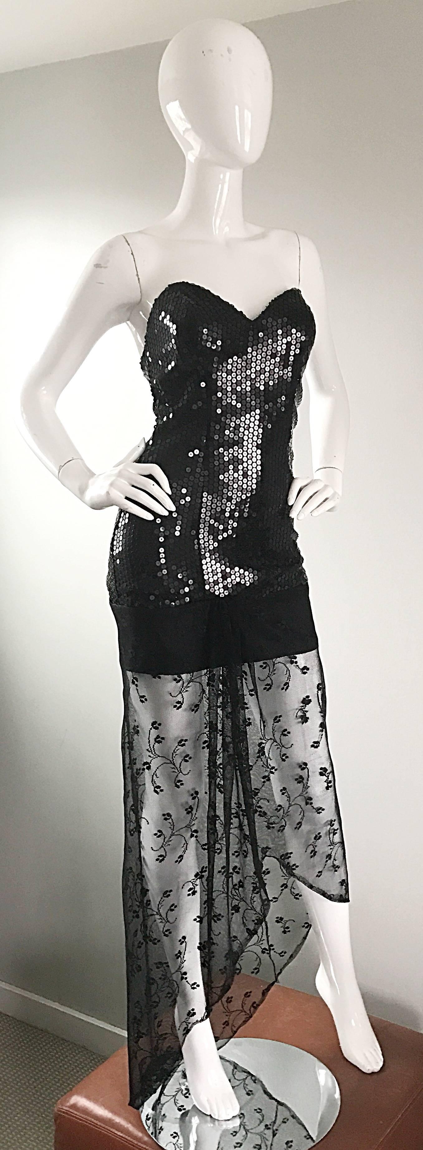 1990s Black Sequin + Lace Sexy Strapless Hi - Lo Vintage 90s Mini Cocktail Dress For Sale 3