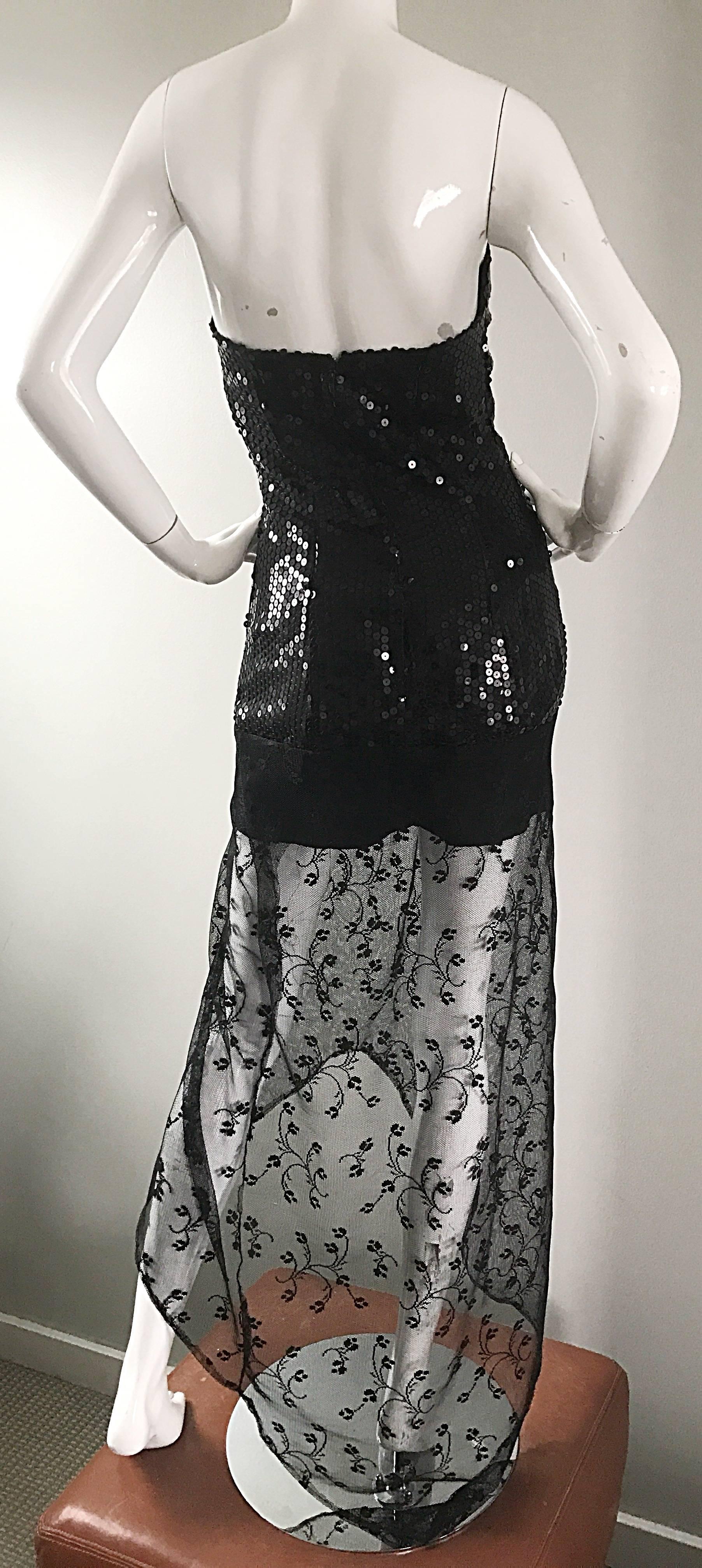 1990s Black Sequin + Lace Sexy Strapless Hi - Lo Vintage 90s Mini Cocktail Dress For Sale 4