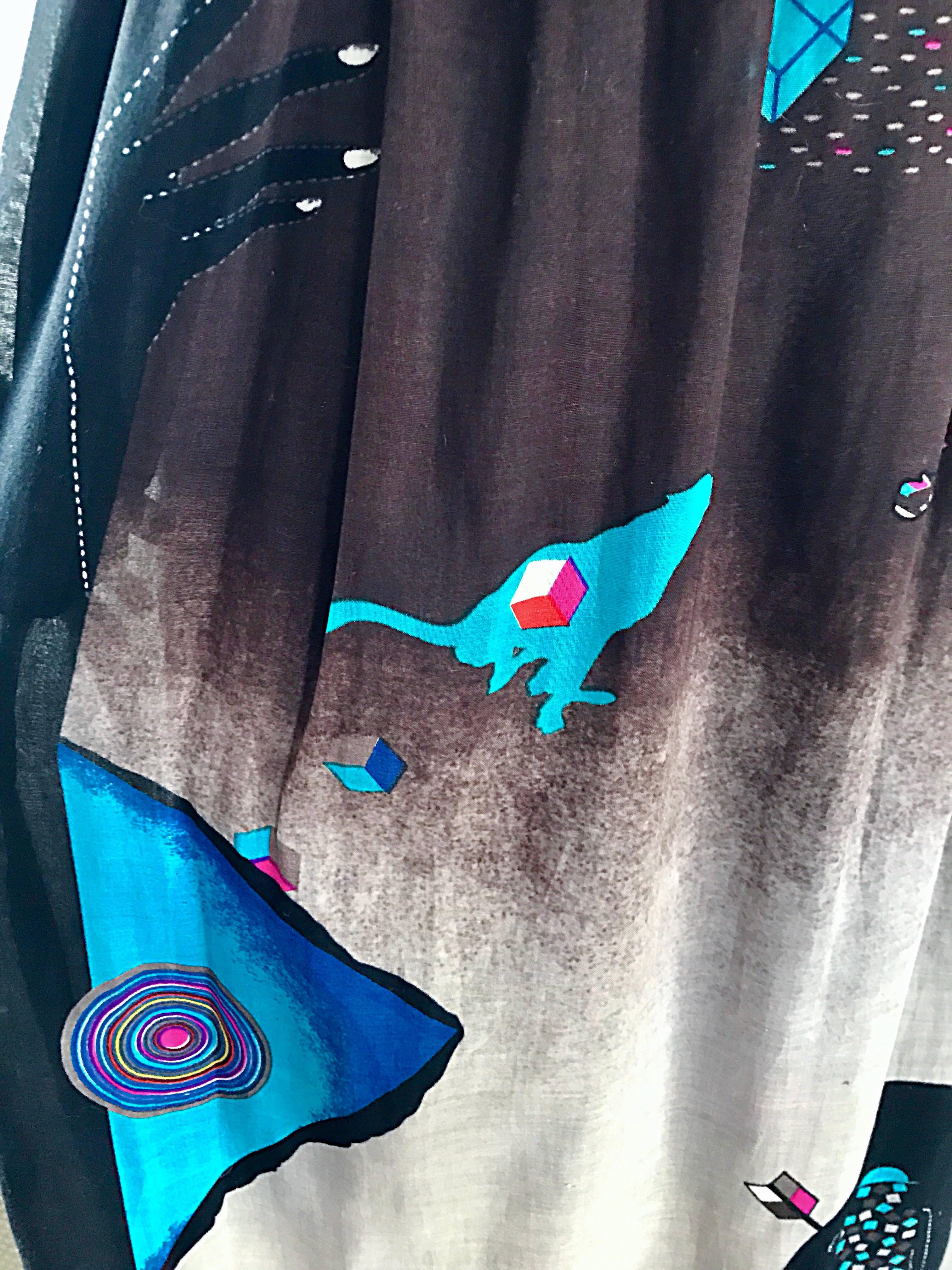 Rare 1970s Hanae Mori Surrealist Futuristic Print Vintage 70s Maxi Skirt  In Excellent Condition For Sale In San Diego, CA