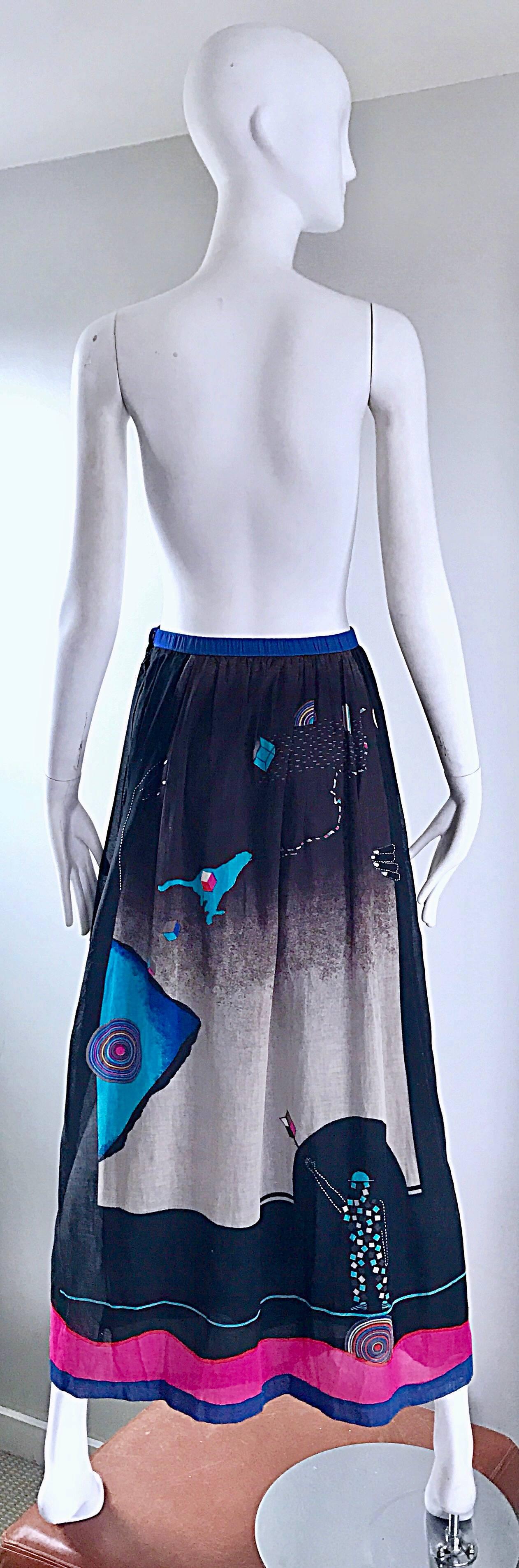 Women's Rare 1970s Hanae Mori Surrealist Futuristic Print Vintage 70s Maxi Skirt  For Sale