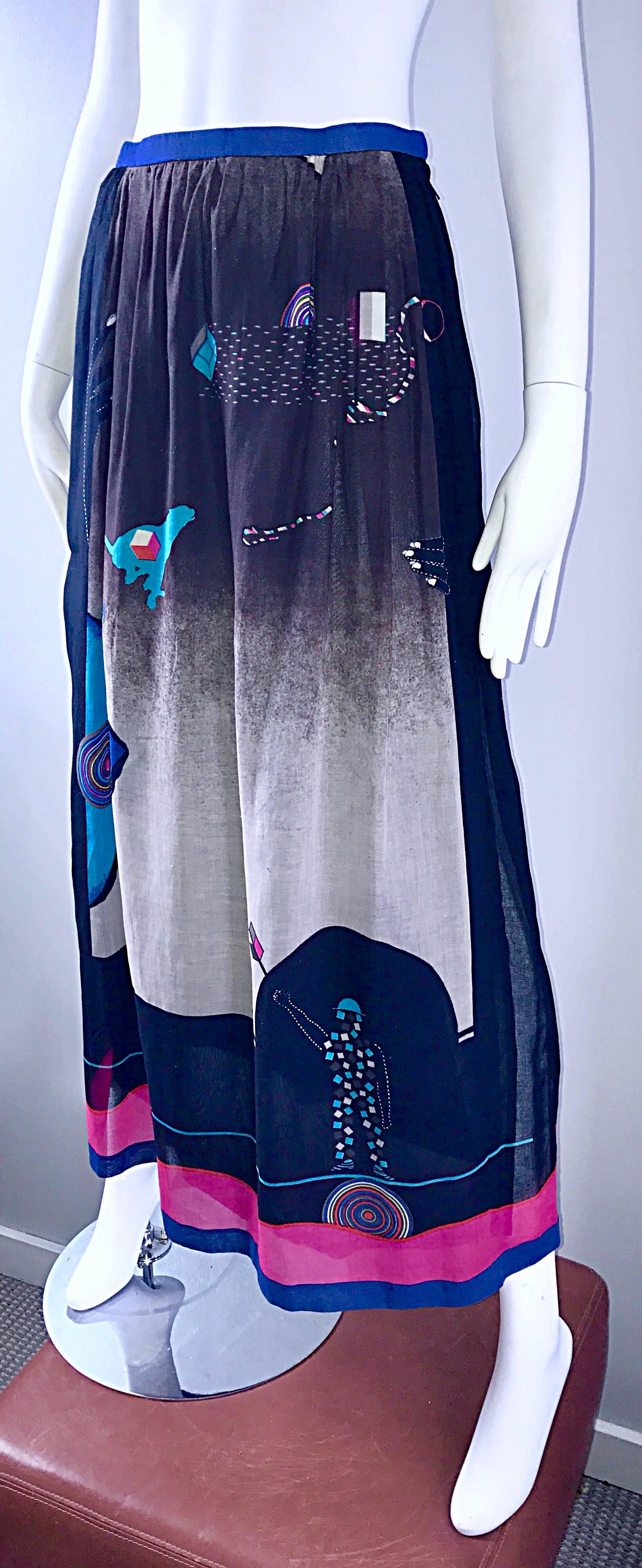 Rare 1970s Hanae Mori Surrealist Futuristic Print Vintage 70s Maxi Skirt  For Sale 2