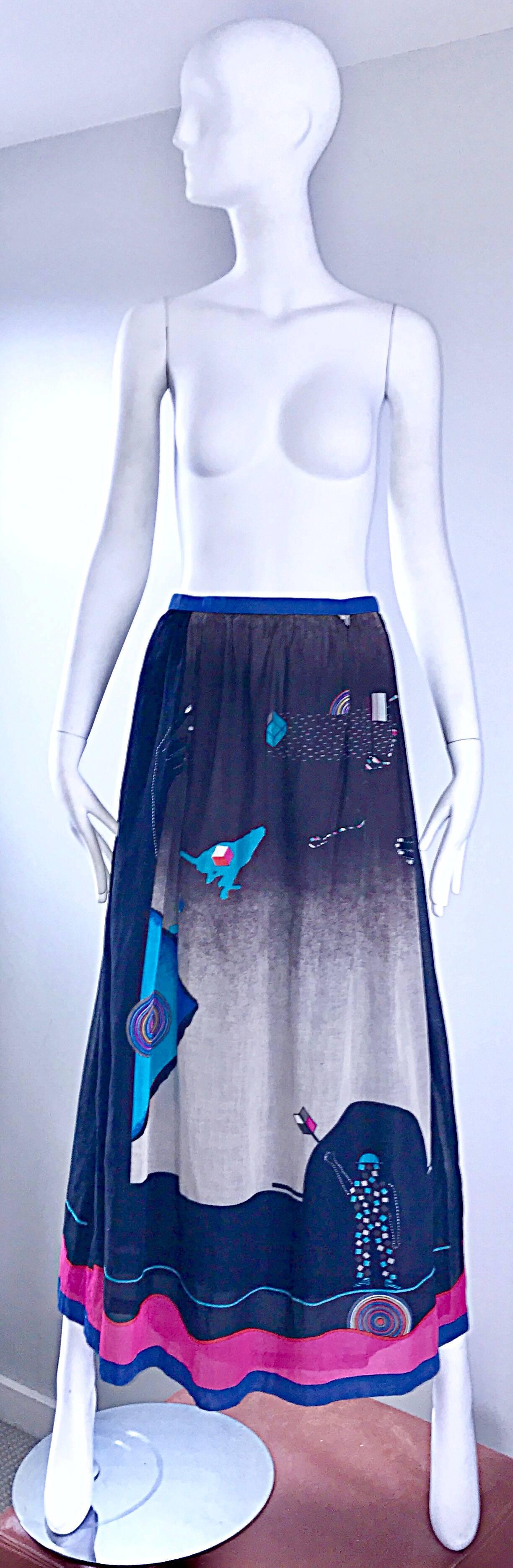 Rara falda maxi de los 70 con estampado futurista surrealista de Hanae Mori de los 70 en venta 3