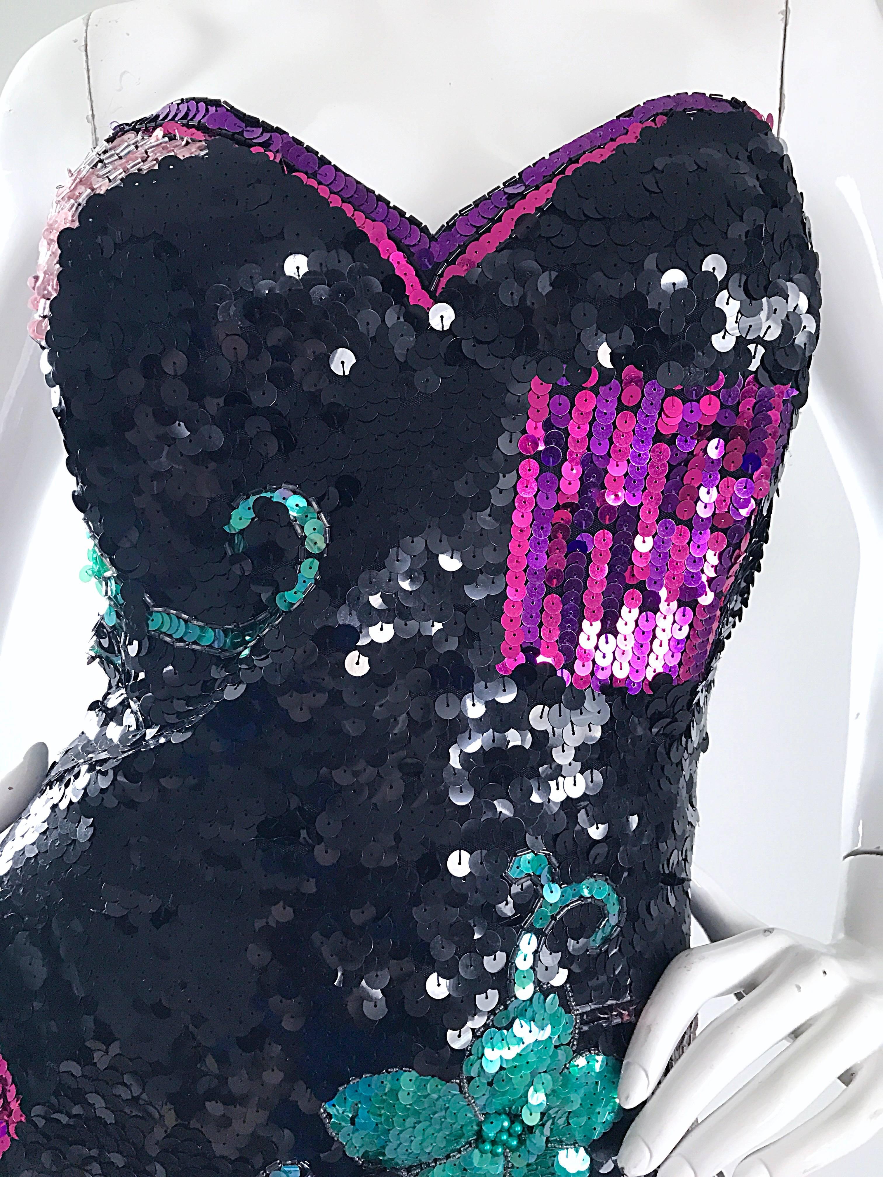 Vestido sin tirantes de lentejuelas y pedrería de los años 90 Vintage 90s Negro