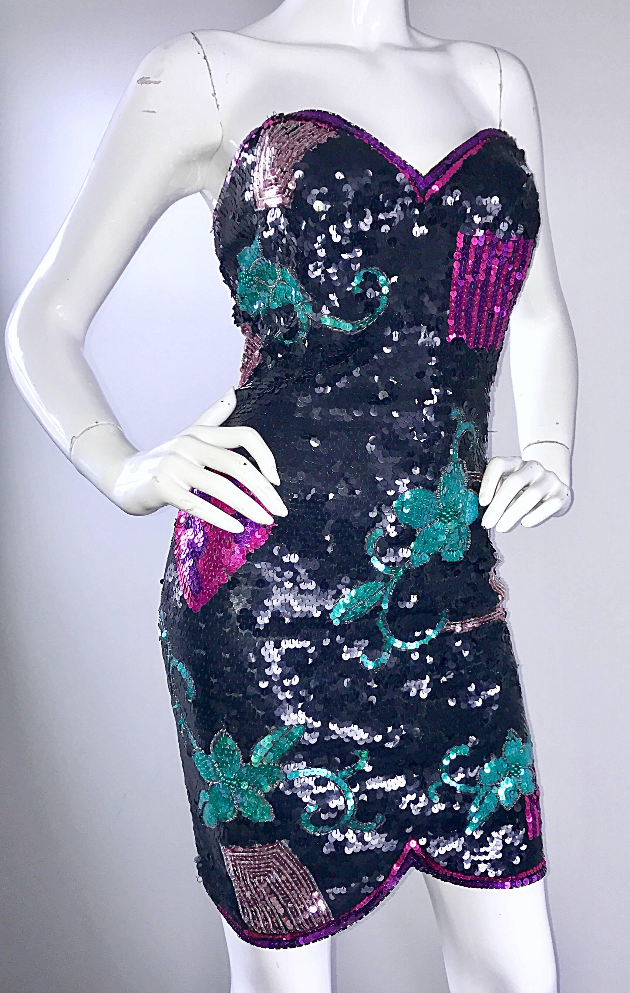 Women's 1990s Larger Size Sexy Sequin and Beaded Strapless Bodycon Vintage 90s Dress For Sale