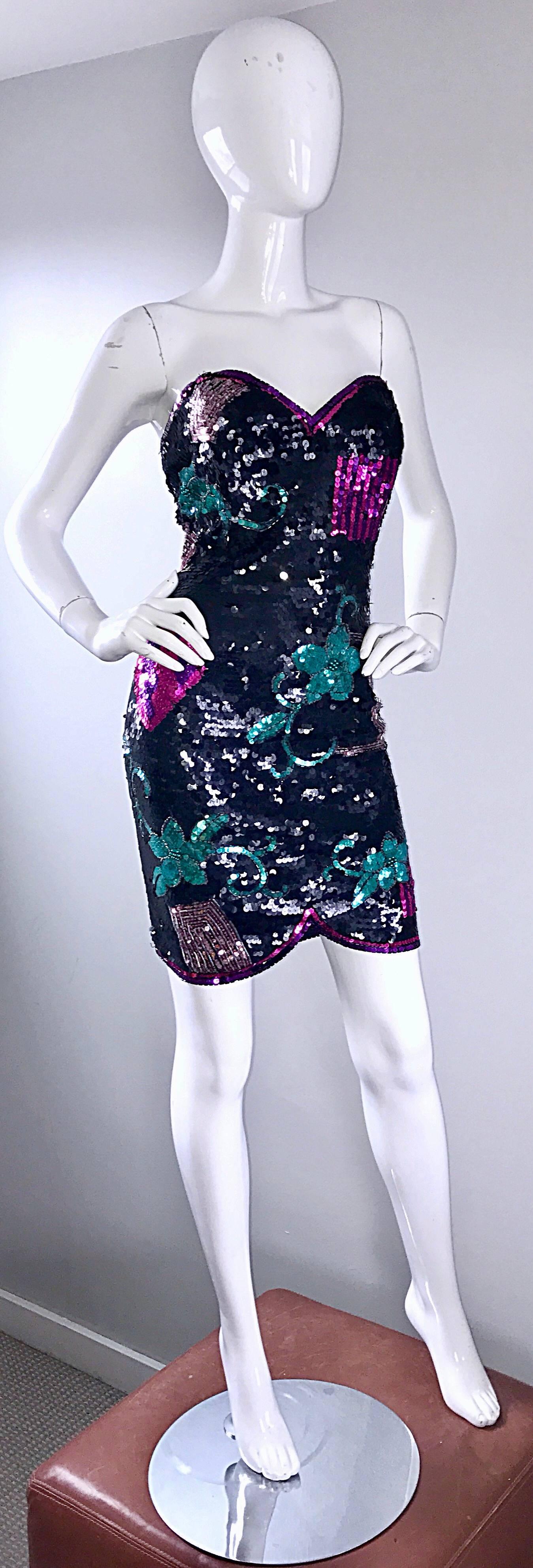Black 1990s Larger Size Sexy Sequin and Beaded Strapless Bodycon Vintage 90s Dress For Sale