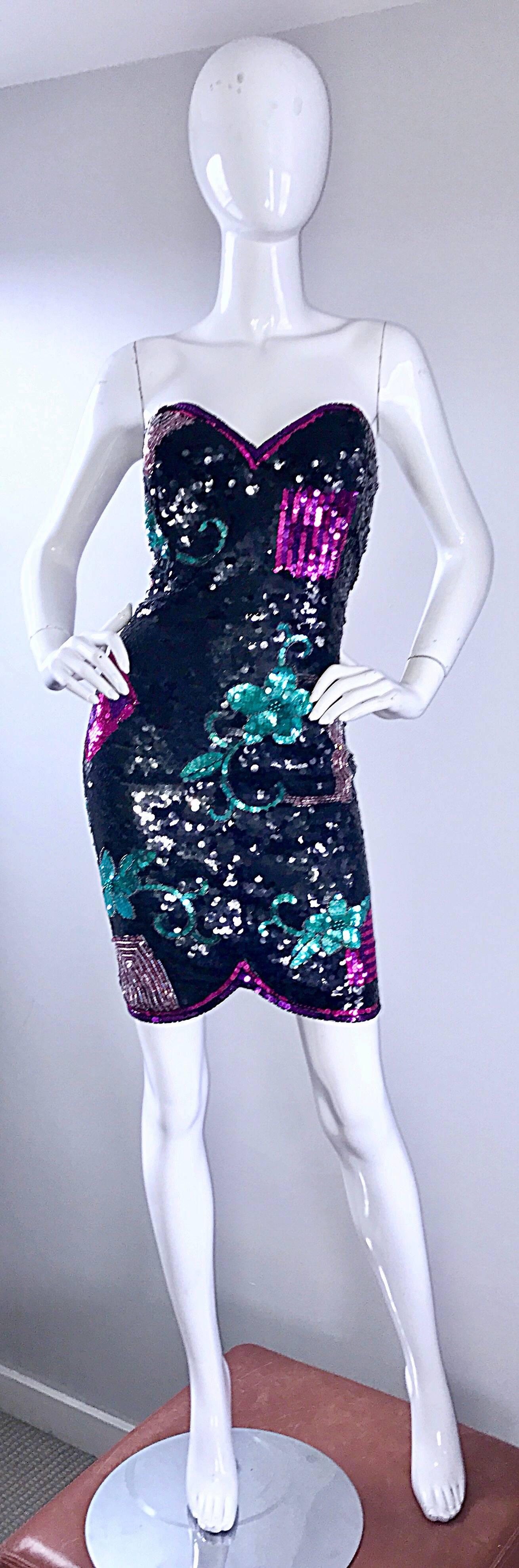 1990s Larger Size Sexy Sequin and Beaded Strapless Bodycon Vintage 90s Dress For Sale 1