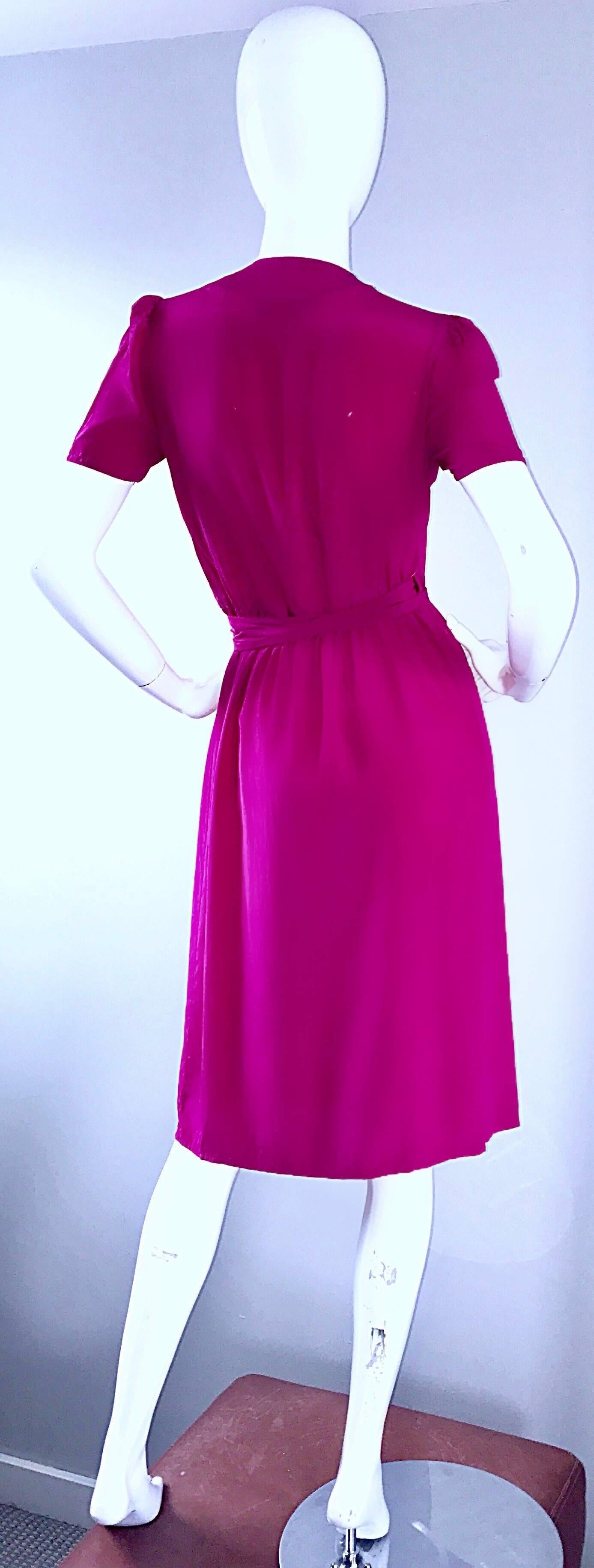 Women's 1970s Diane Von Furstenberg Vintage Shocking Hot Pink Silk Wrap Dress Size 2 / 4 For Sale