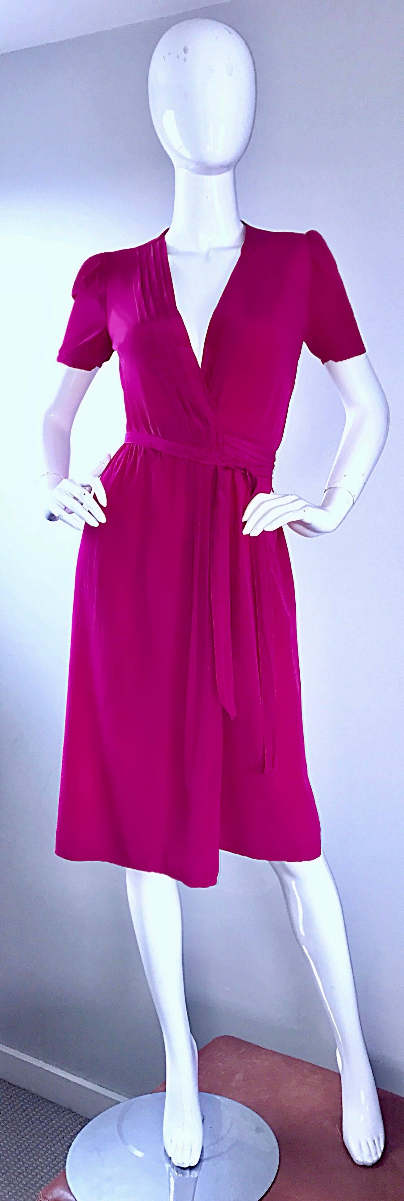 1970s Diane Von Furstenberg Vintage Shocking Hot Pink Silk Wrap Dress Size 2 / 4 For Sale 1
