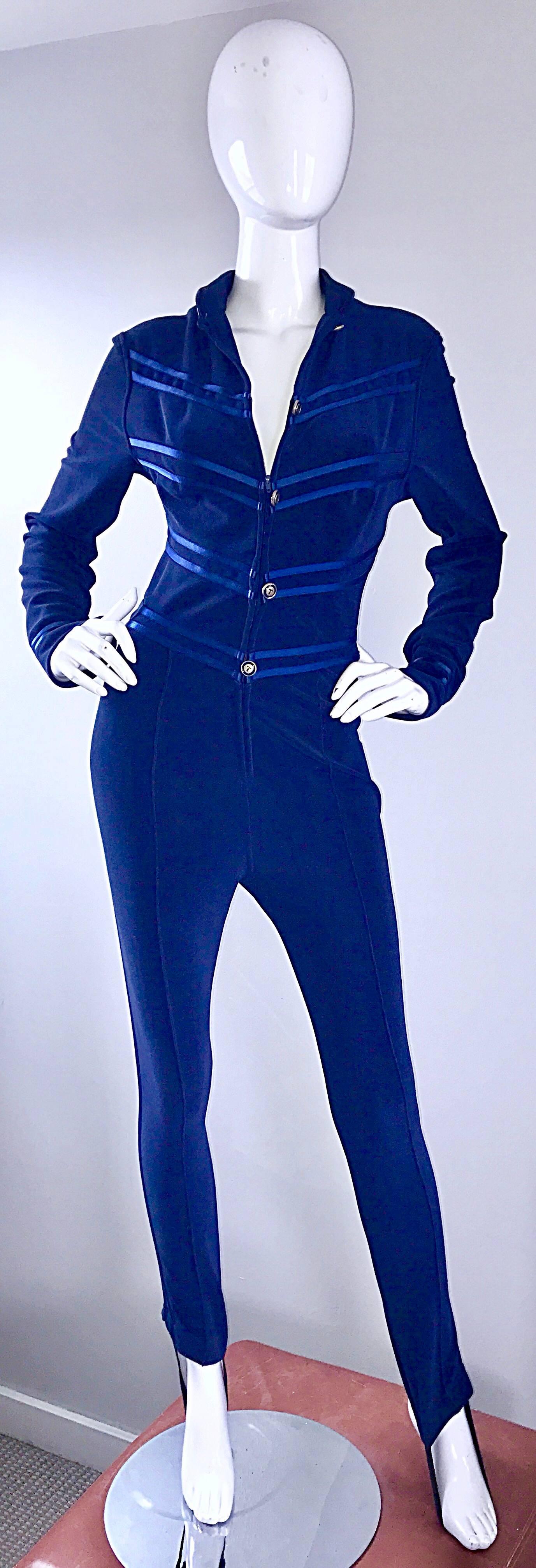 Vintage Tadashi Shoji Early 1990s Navy Blue Military Inspired Stirrup Jumpsuit In Excellent Condition In San Diego, CA