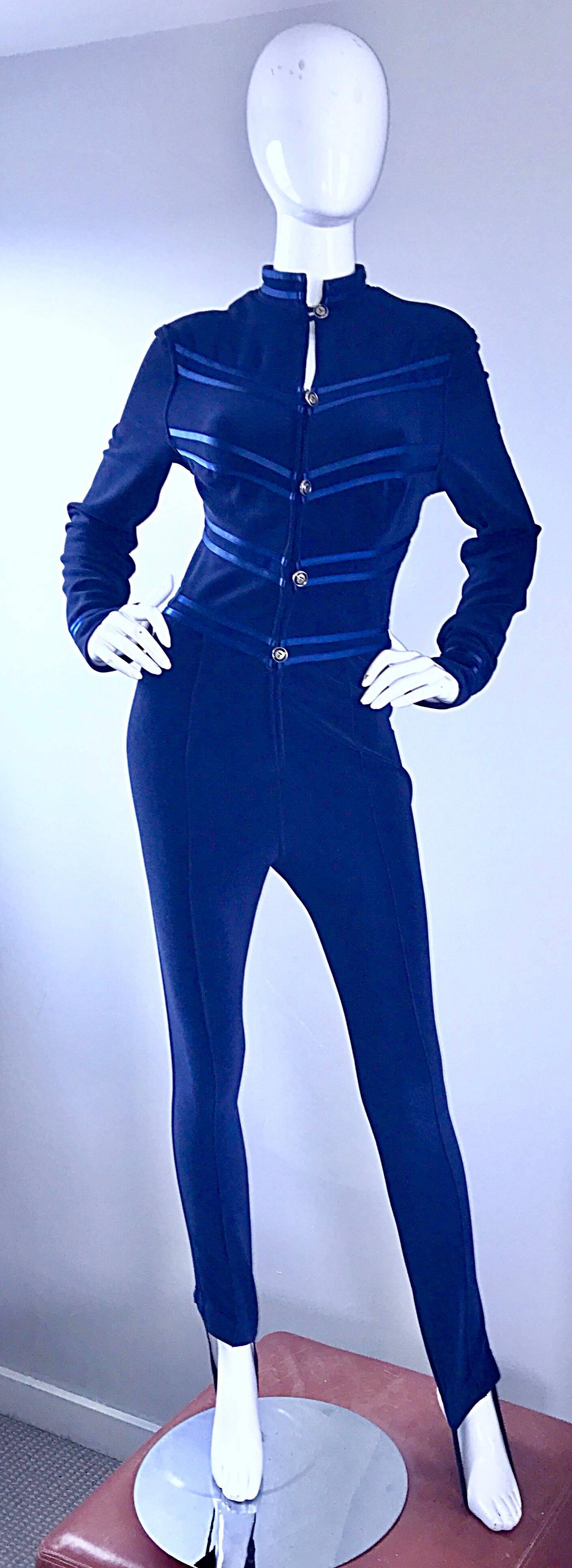 Vintage Tadashi Shoji Early 1990s Navy Blue Military Inspired Stirrup Jumpsuit 1