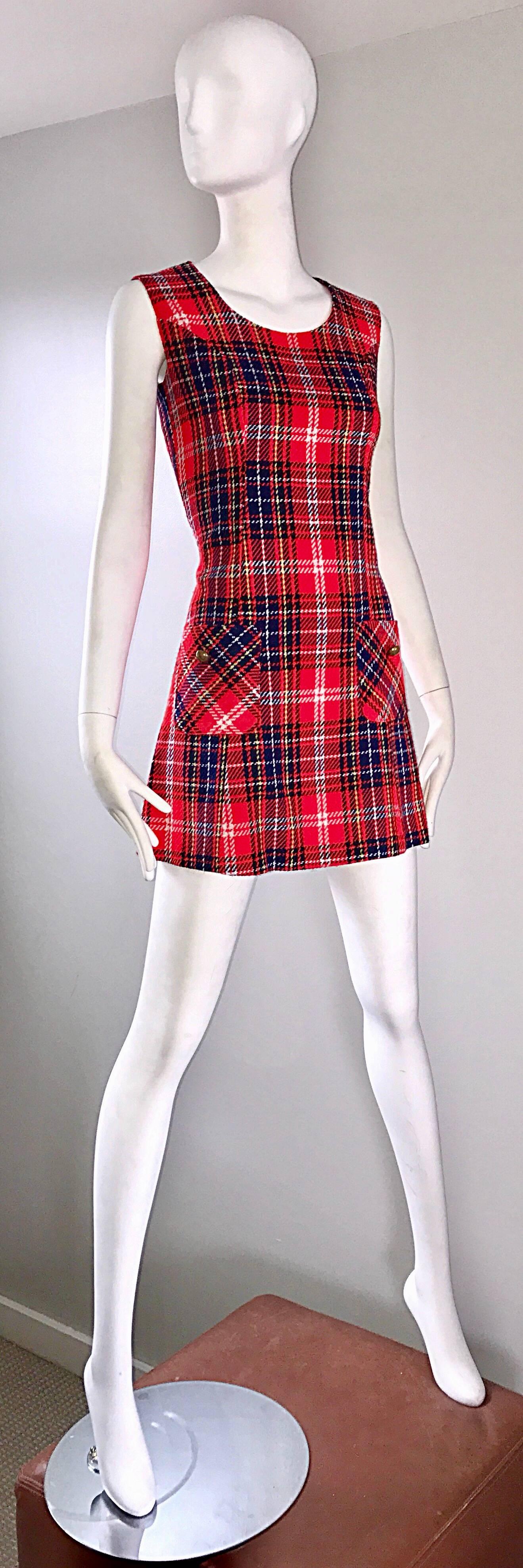 Brown 1960s Tartan Plaid Mod Vintage 60s Wool A - Line Chic Mini Skooter Dress  For Sale